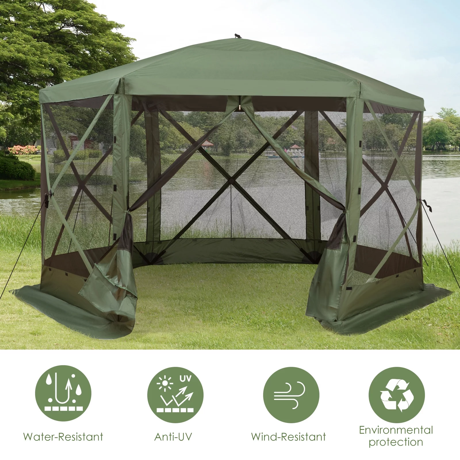 Outsunny 12' x 12' zeshoekige tent met muskietennet, draagbare opvouwbare paviljoen met netwanden, draagtas en schaduwrijke binnenruimte, groen