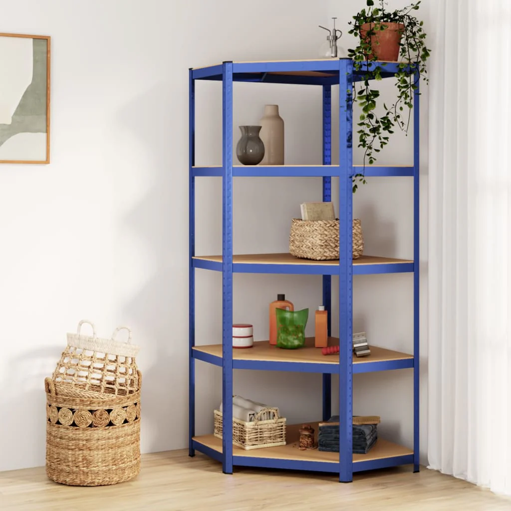2025 Hoekrek met 5 planken, blauw, staal & houtcomposiet