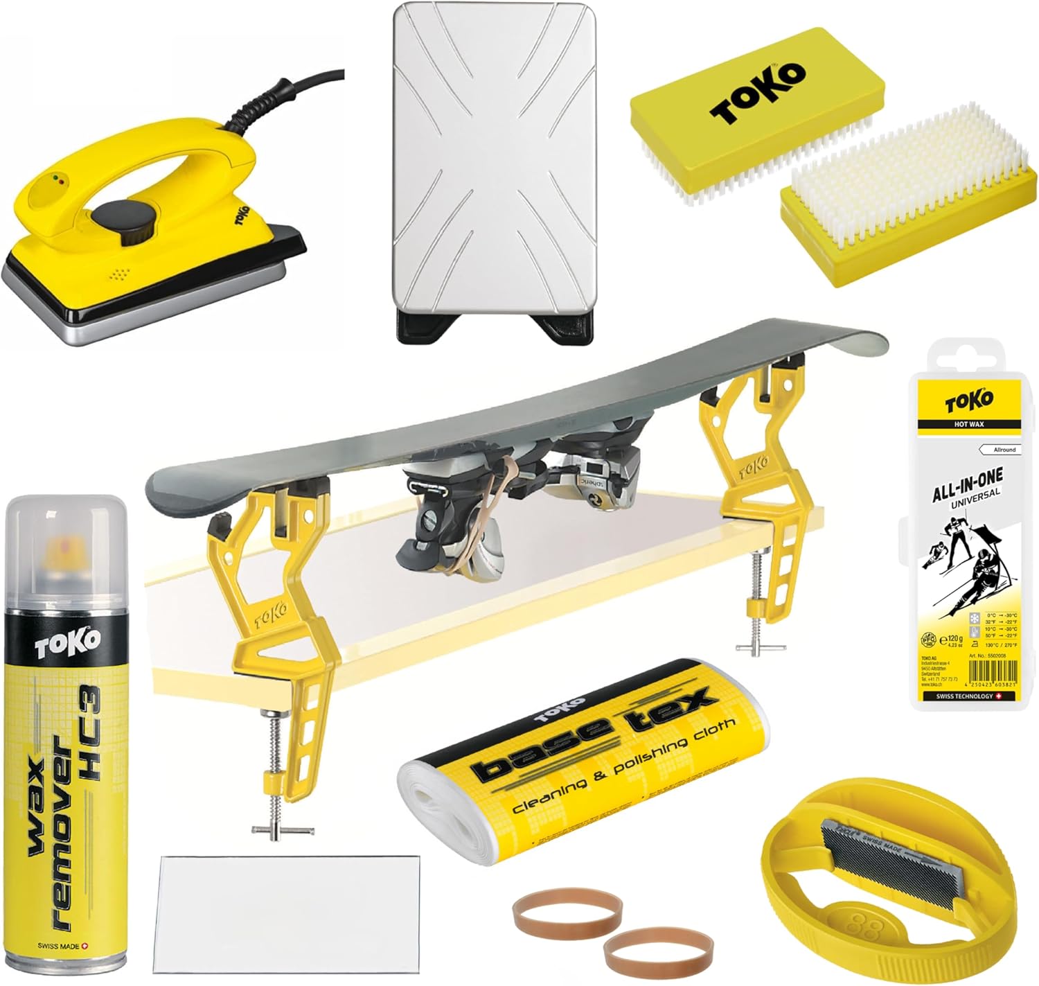 Generisch Toko Skiwachset – Komplettset für Alpine Ski & Snowboard mit Bügeleisen, Wachsremover, Bürsten, Kantenschleifer & Universal-Wachs + Toko Ski Vise Express - 9 teilig