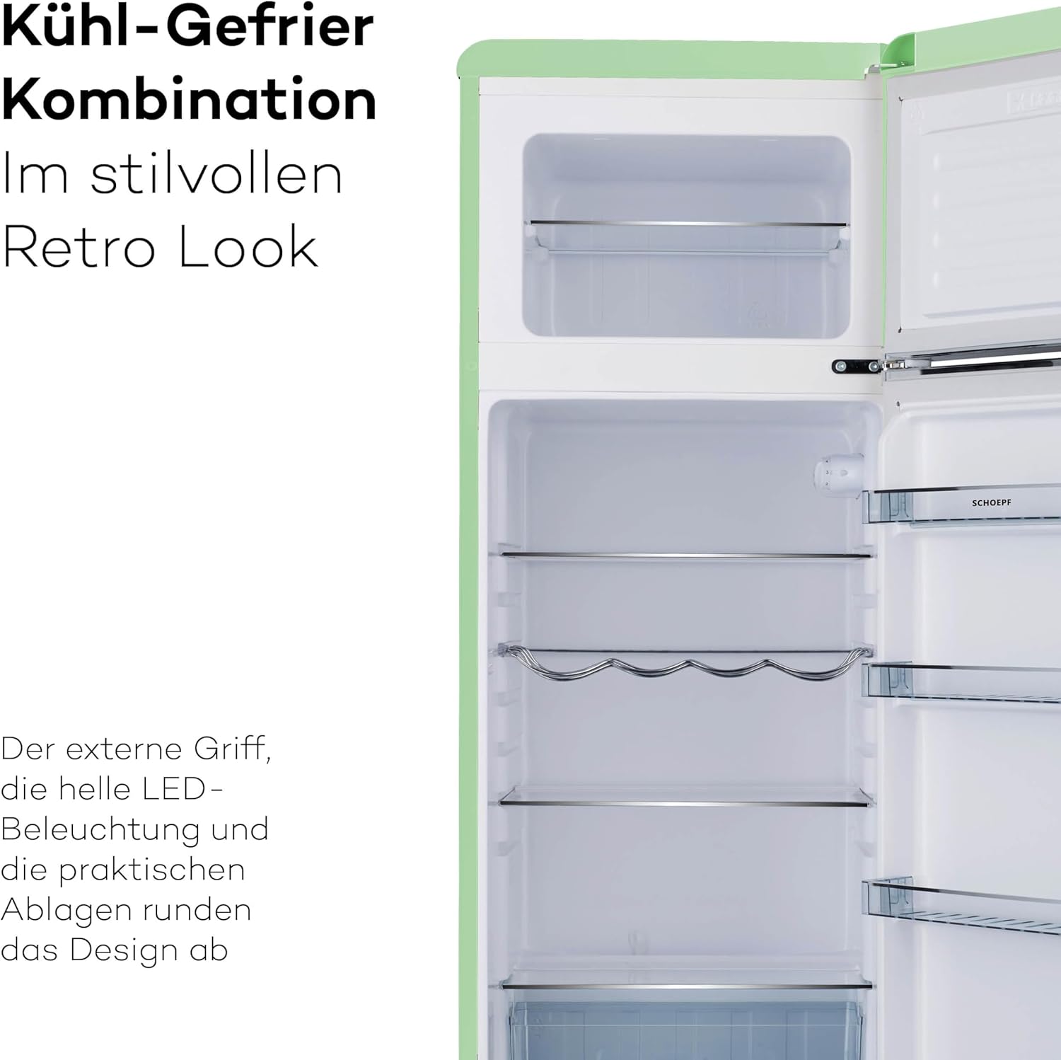 SCHOEPF – RKG218SG Kühl-Gefrierkombination – 211 L – Retro Design – LED-Beleuchtung – 39 dB – Grün/Mint – Höhenverstellbare Füße – Freistehend – Vintage Look