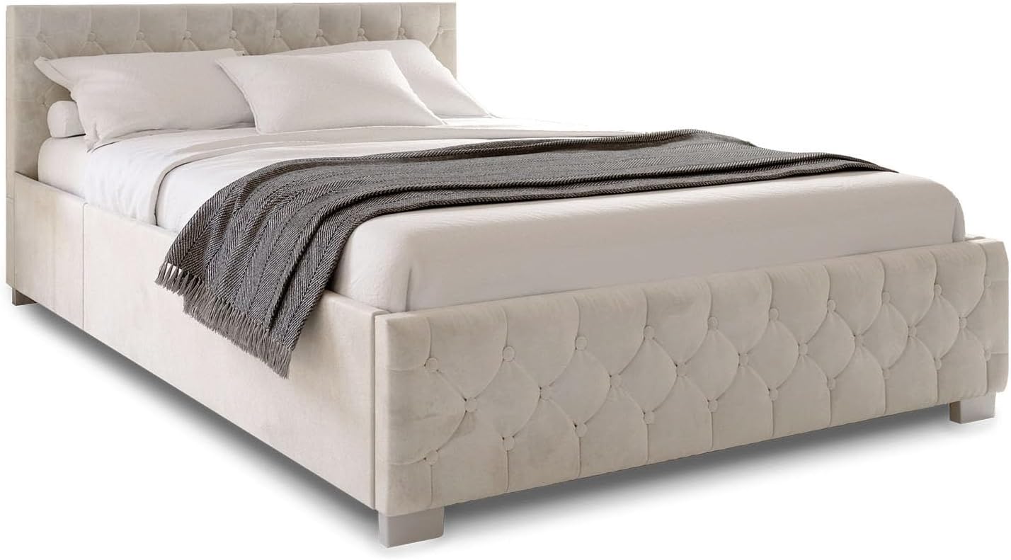 Juskys Polsterbett Nizza 140x200 cm Samt mit Stauraum, LED Beleuchtung & Lattenrost - Chesterfield Steppung & Kopfteil - Bett Bettgestell - Beige