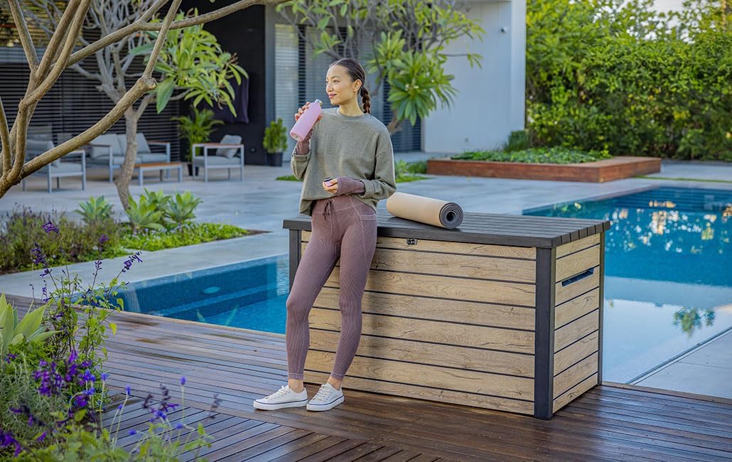 Keter Ontario Auflagenbox/Kissenbox 870 Liter | 100% Wasserdicht mit Belüftung dadurch kein übler Geruch/Schimmel Moderne Holzoptik | Deckel mit Gasdruckfedern