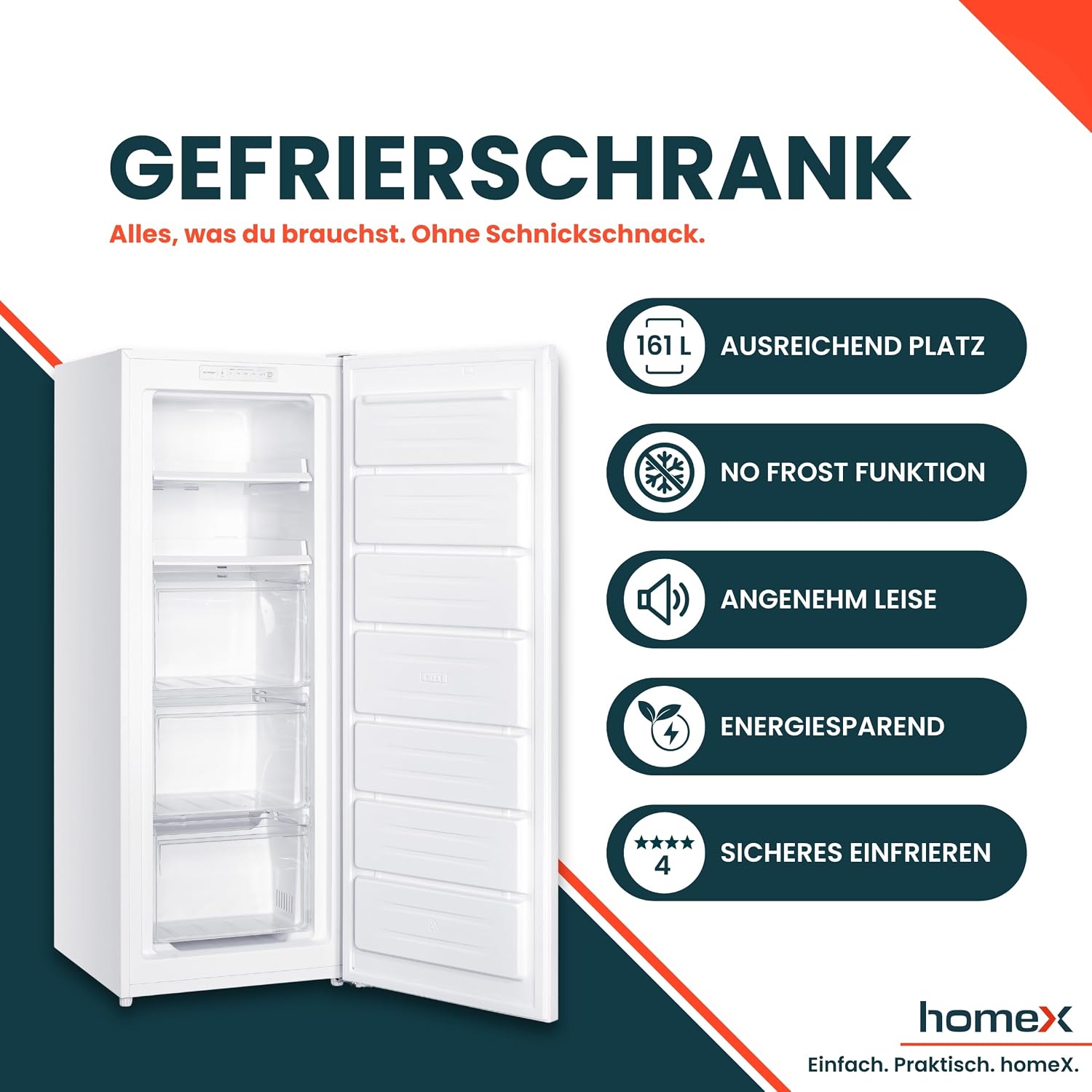homeX Gefrierschrank NoFrost, Tiefkühlschrank groß - 161L Nutzinhalt, 4-Sterne Gefrieren, Freezer No Frost, Gefrierschränke freistehend, Temperaturregelung, Super-Frost-Funktion, leise 39 dB, weiß