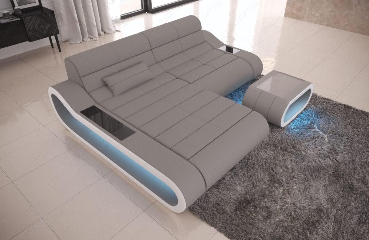 Sofa Dreams Ecksofa Concept kurz - mit LED Beleuchtung, Ottomane/Mikrofaser/Ausrichtung wählbar (Ottomane Links, Weiss-Hellgrau)