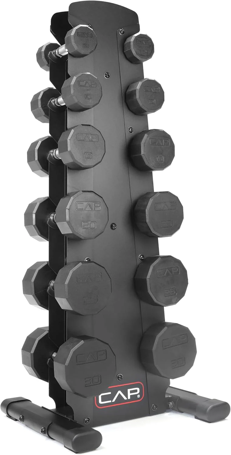 CAP Barbell Rubber Coated Dumbbell Weight Set with Vertical Rack | 100 lb, 150 lb, and 210 lb Options