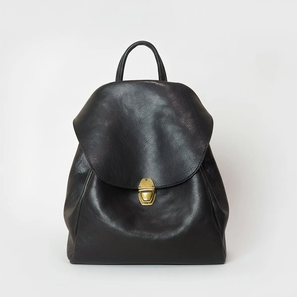 Gold Clasp Top Grain Black Leather Backpack