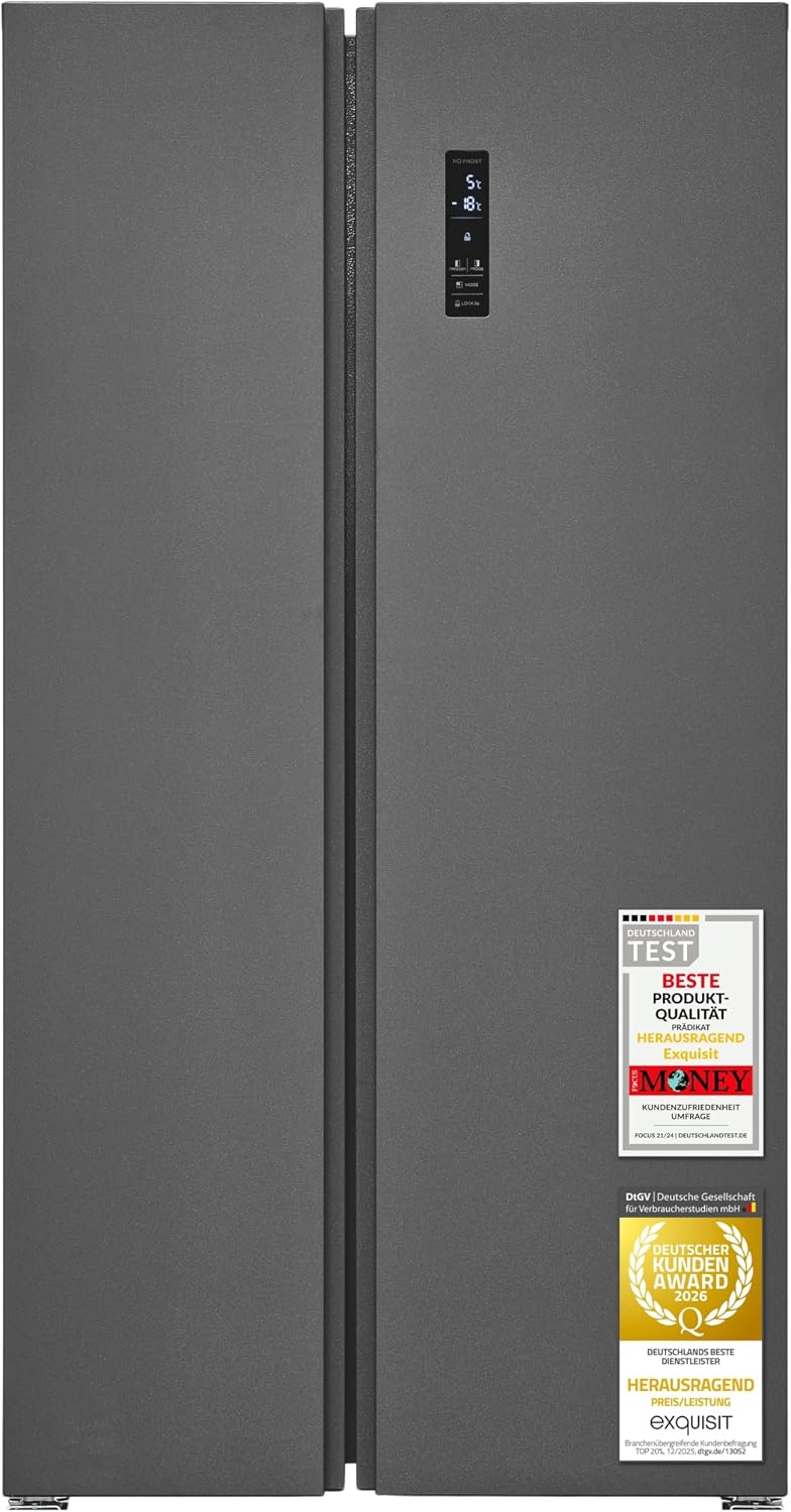 Exquisit Side-by-Side Kühlschrank | 442 l Nutzinhalt, Energieeffizienzklasse D, 39 dB(A) | No Frost Kühlen und Gefrieren, Schnellgefrieren, Temperaturregelung, LED-Display | SBS546-040D anthrazit