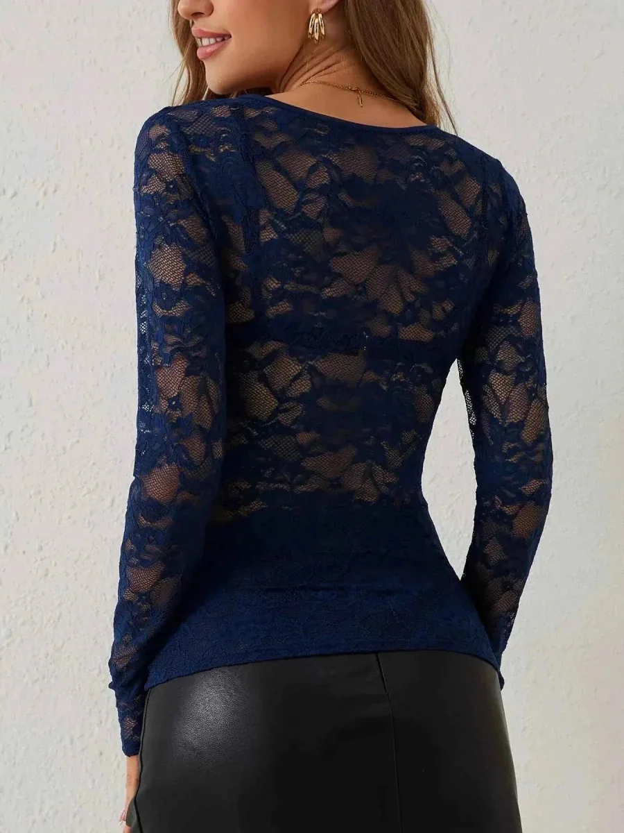 Transparentes Spitzen Langarm Top f��r Damen mit Herz Ausschnitt