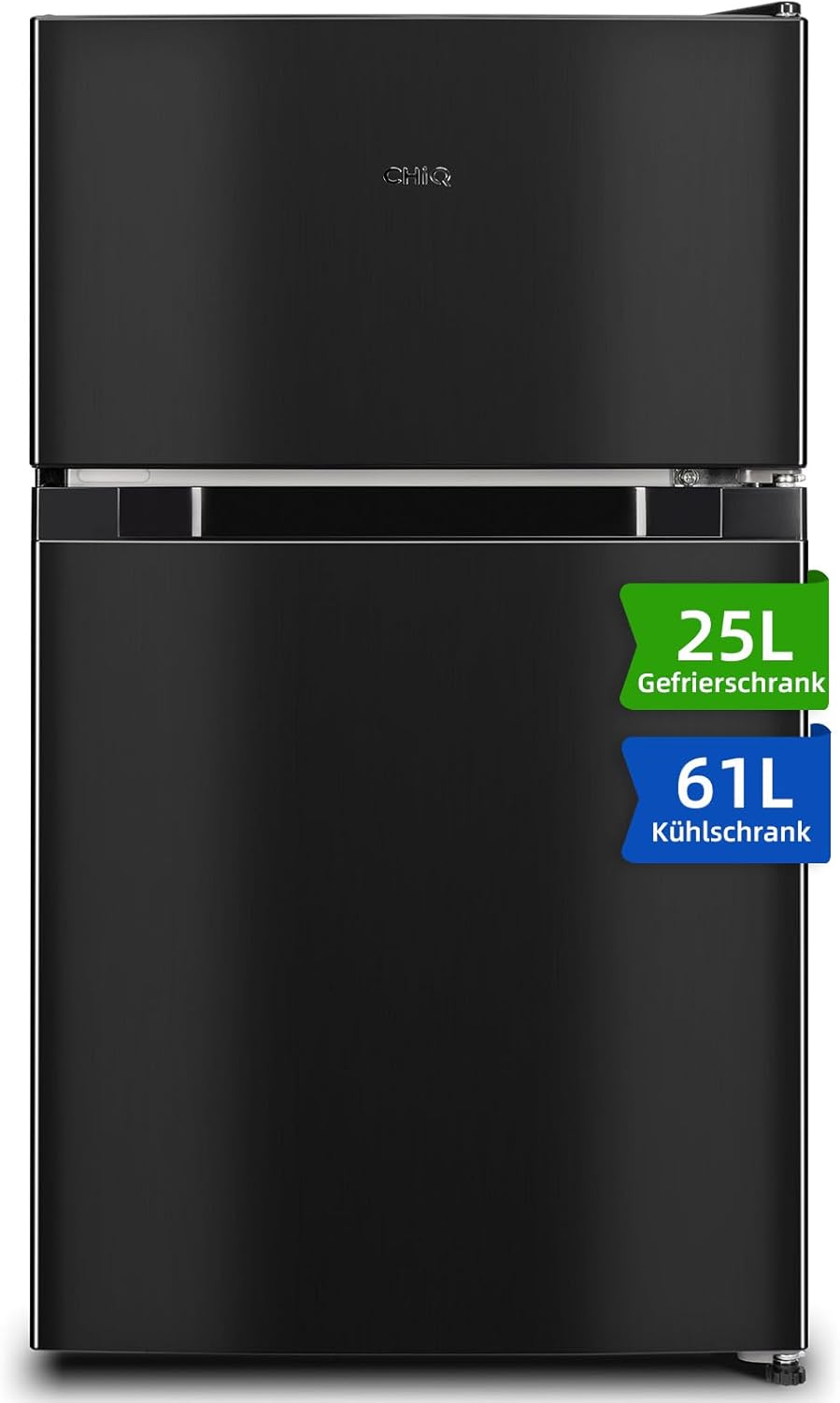 CHIQ Kühl-/Gefrierkombination/Gefrierfach oben Kühlschrank｜86 Liter (25L/61L), 85cm | 4 Sterne Gefrierfach, -18 °C bis -8 °C｜mit LED, für Wohnheime, Wohnungen und Hotels, Kühlschrank mit Gefrierfach