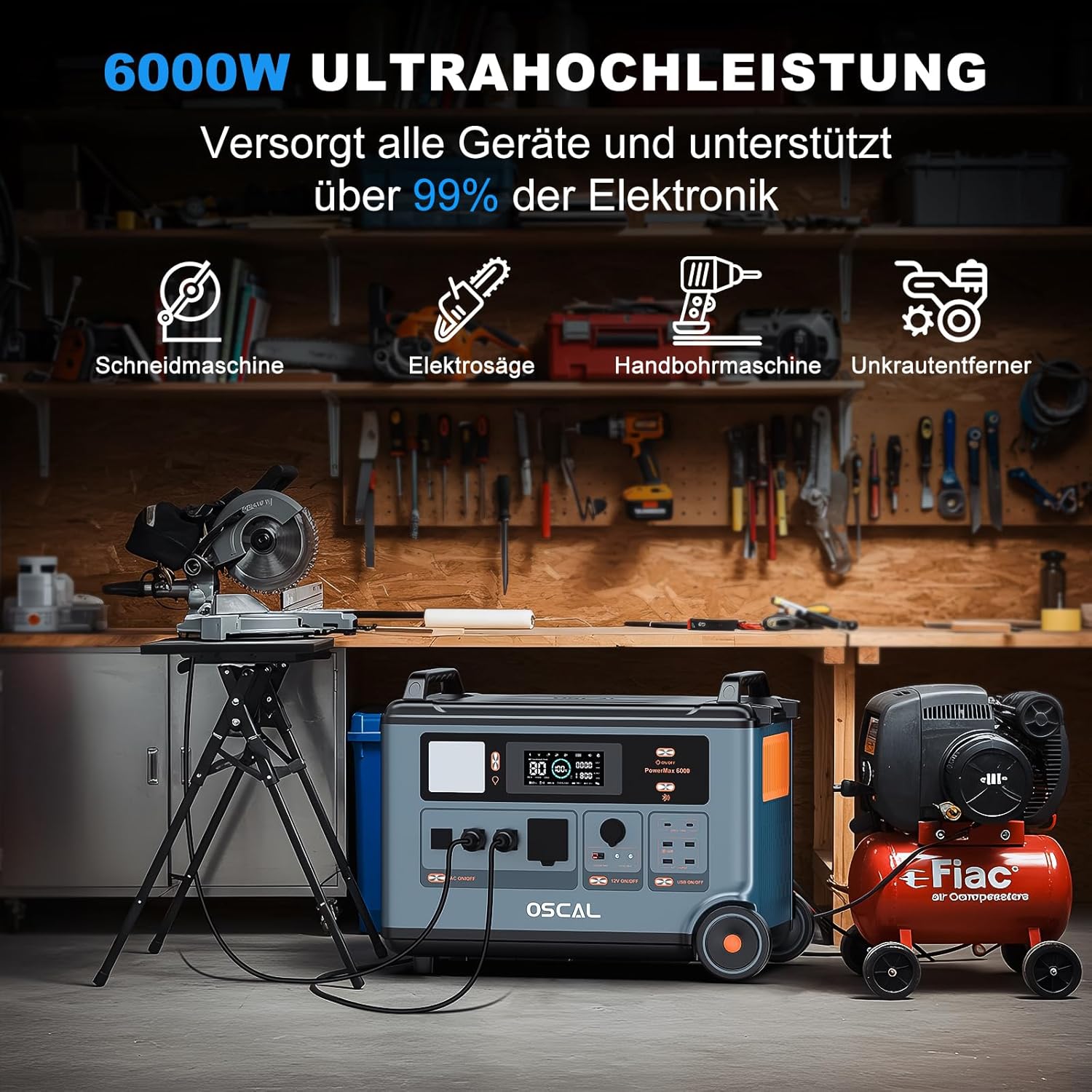 OSCAL PowerMax 6000W (9000W Peak) Solargenerator, 3600Wh Tragbare Powerstation, Erweiterbar auf 57.6kWh, LiFePO4-Akku, Vollladung in 1,96 Std, USV, Mobiler Stromspeicher für Camping, Notstrom