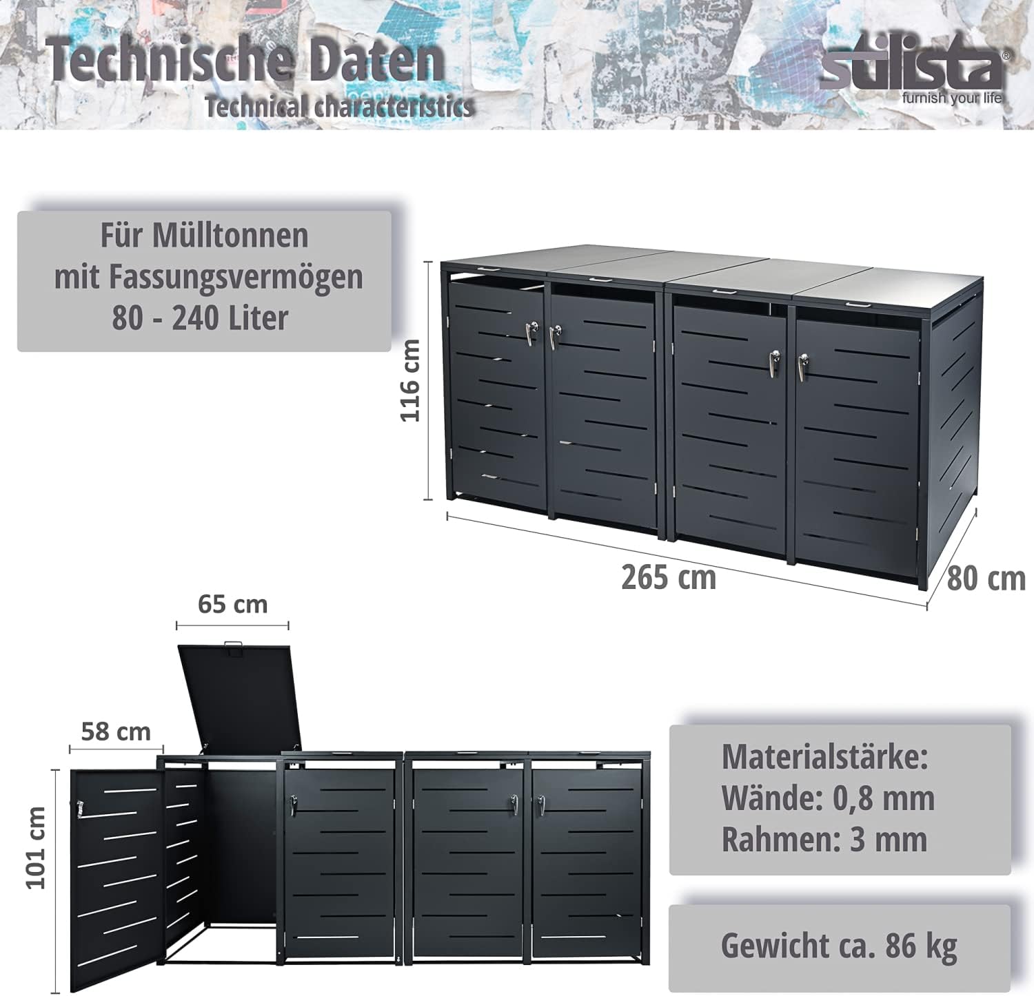 STILISTA Mülltonnenverkleidung aus Metall, für 4 Mülltonnen je 240 Liter, anthrazit