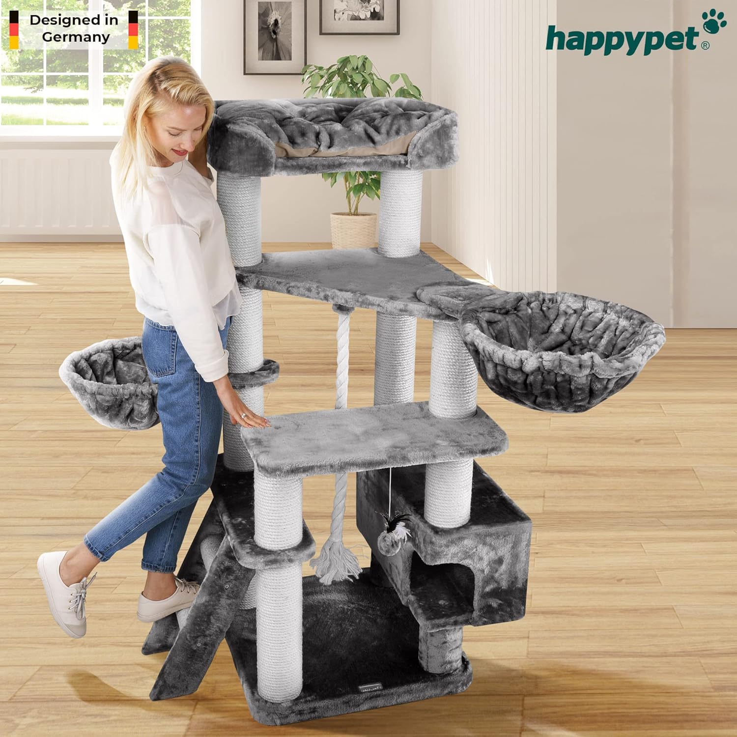 HAPPYPET Kratzbaum große Katzen XXL Jacob - Katzenbaum Deckenhoch, Stabil und Massiv mit Sisalsäulen und Dicker Bodenplatte, Ideal für Schwere Rassen