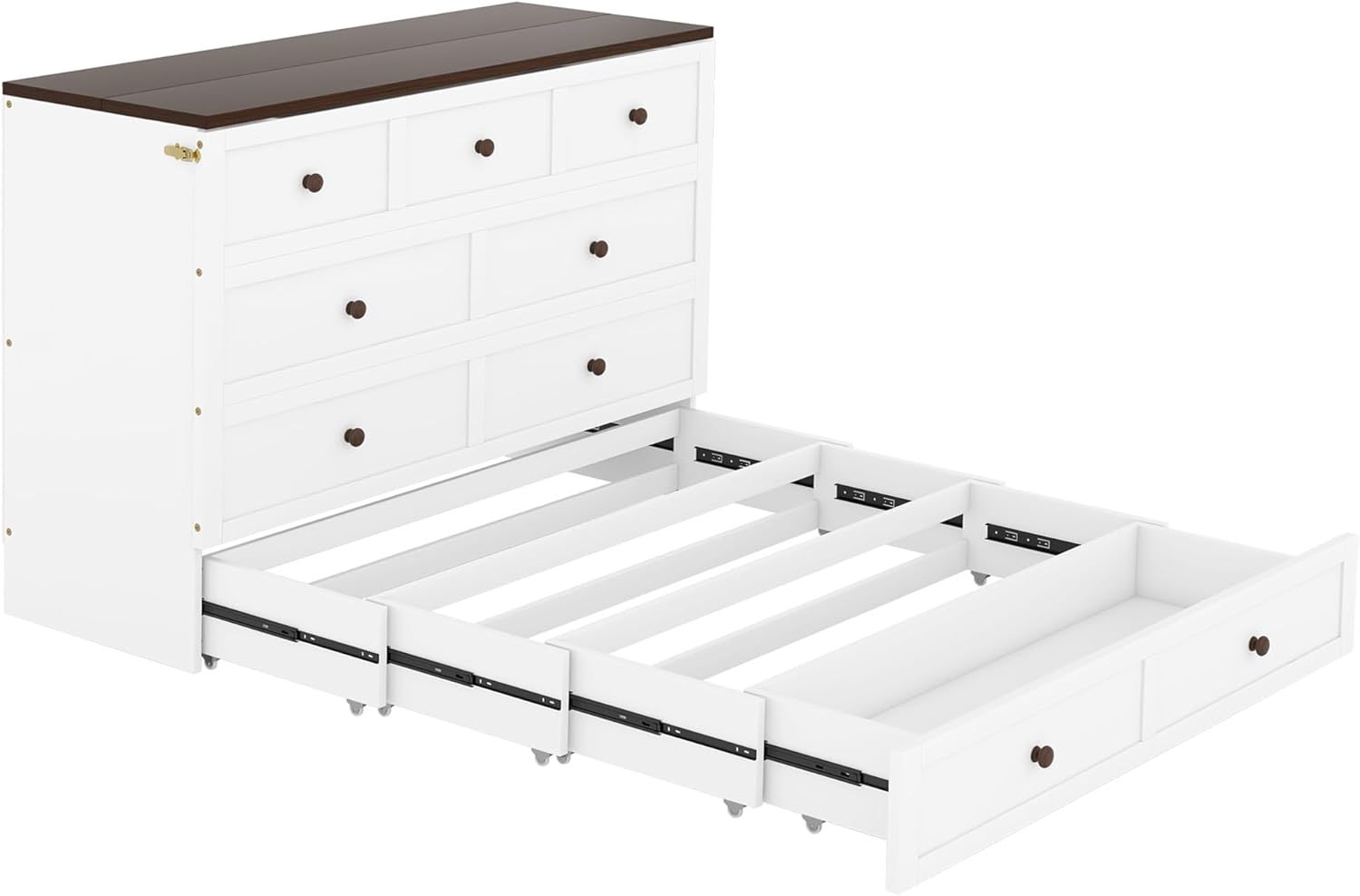 Schrankbett, 140 x 200, Mobiles Schrankbett mit Schubladen am Bettende und Regal am Kopfende des Bettes, mit USB und Steckdose, Umbaubares Plattformbett, Ohne Matratze, weiß