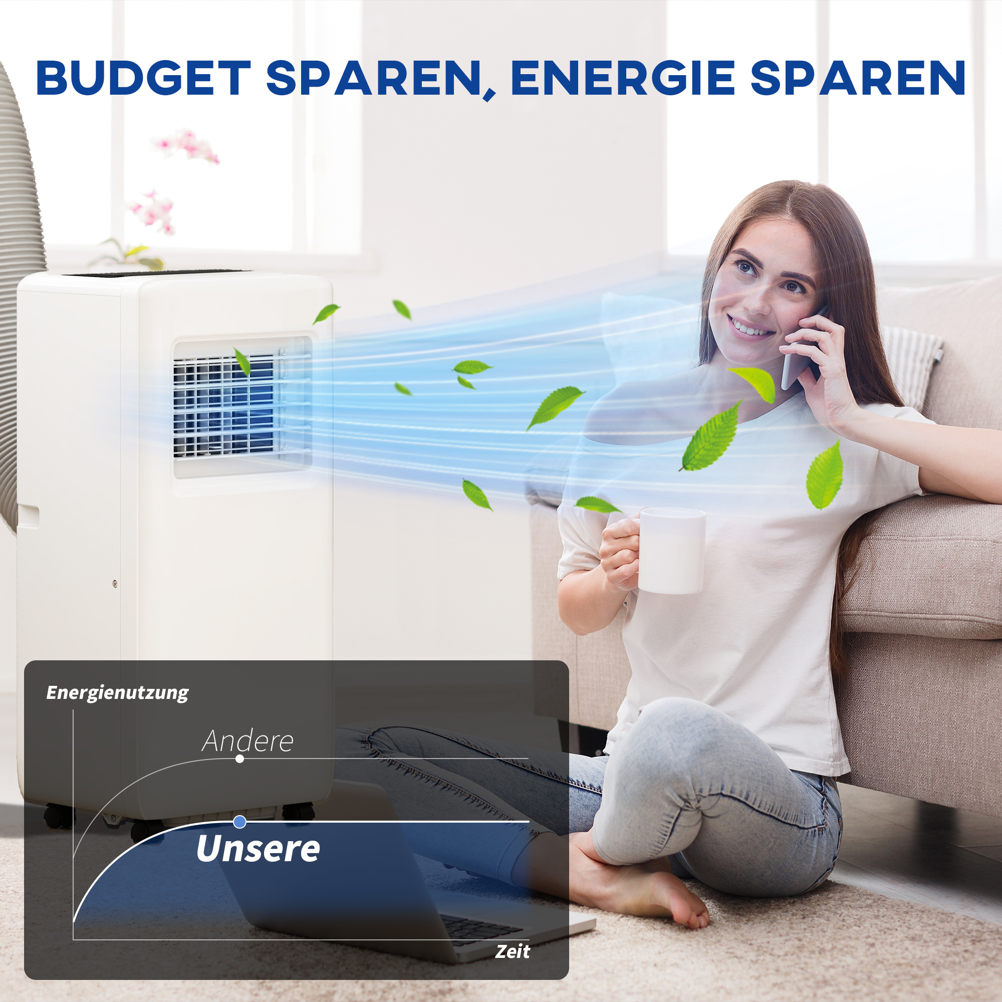 Mobiele Airconditioner, Diverse Instellingen, LED-Display, Timer, Wielen, Wit