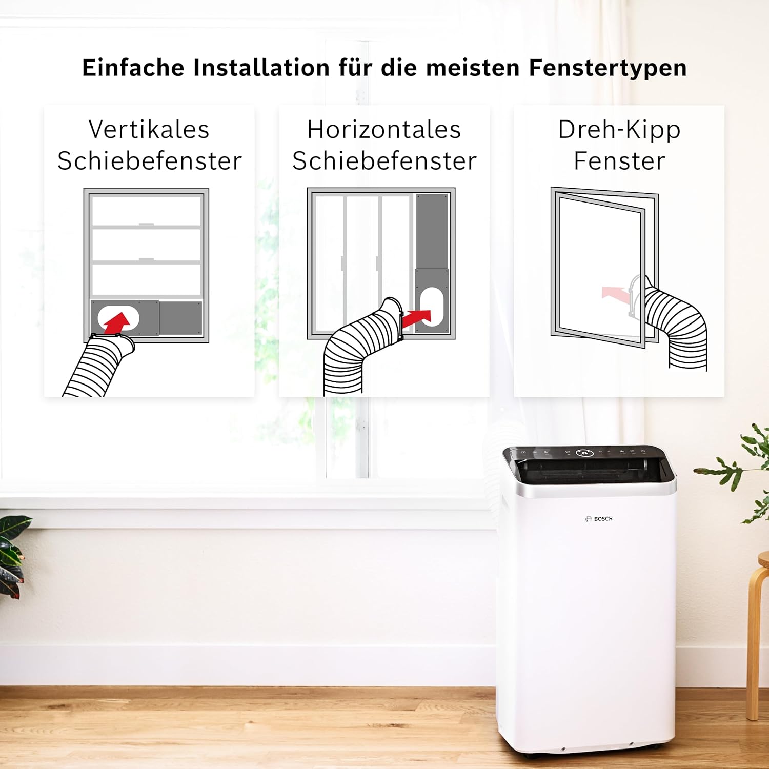 Bosch Cool 4000 Mobiles Klimagerät - 3-in-1: Klimagerät, Luftentfeuchter, Ventilator - 2,6 kW für Räume bis zu 35m² - Mit Auto-Modus, Silent-Modus & Sleep-Modus