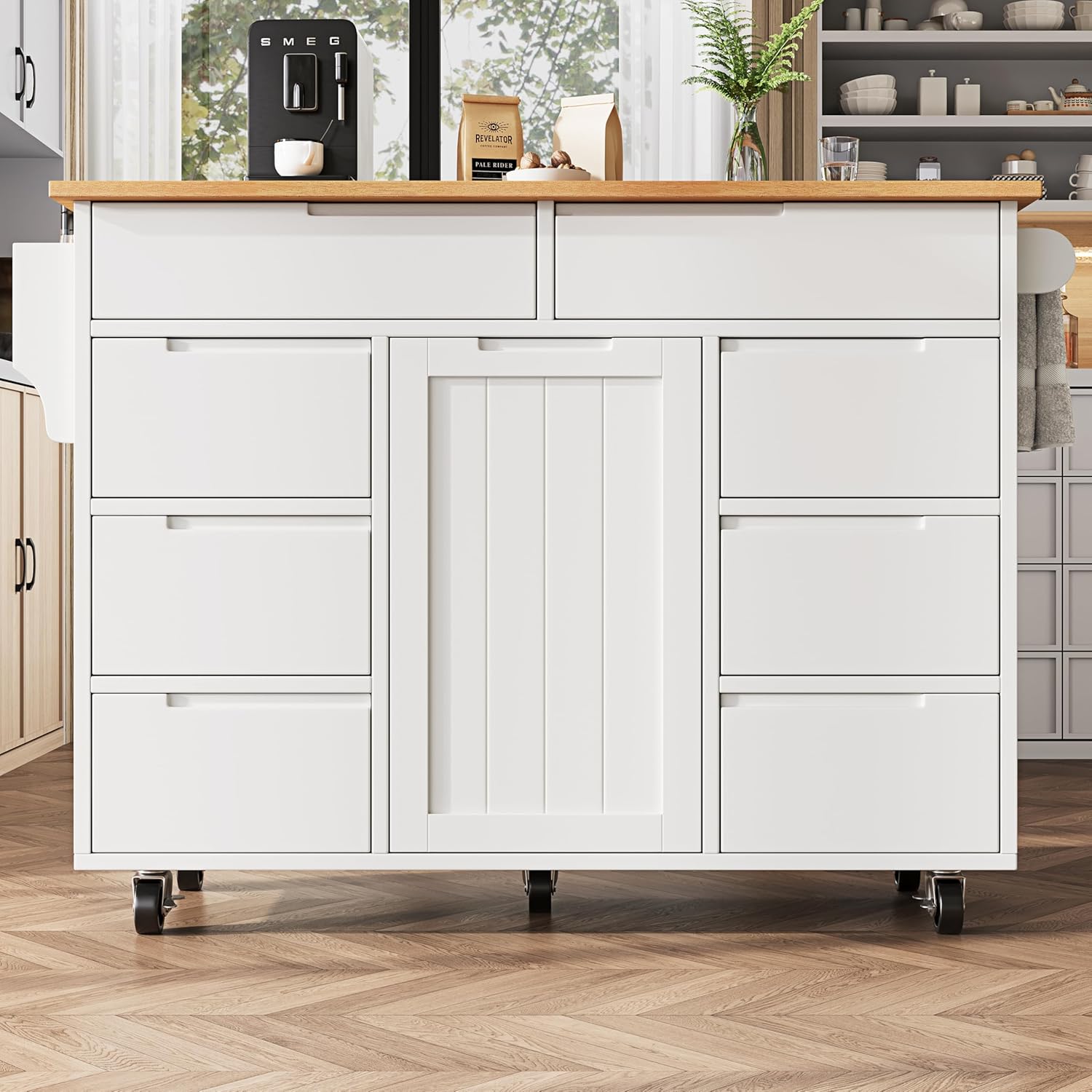 Kücheninsel, Moderne Küchenschrank, Ausziehbarer Küchenwagen mit Rollen und Arbeitsplatte, Servierwagen mit Gewürzregal und 8 Schubladen (Weiß)
