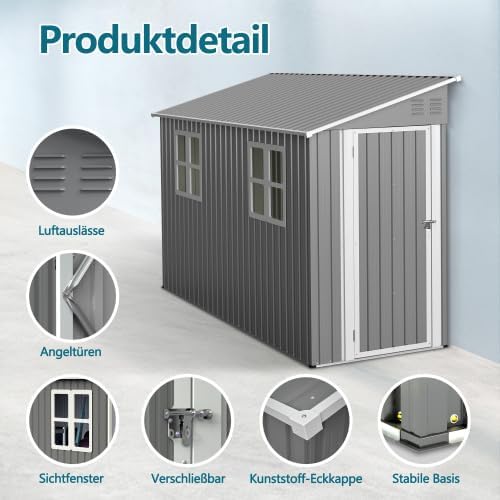 Geräteschuppen Metall 4 x 10 Fuß Anlehn-Design, Gerätehaus mit Fenster & Pultdach, wetterfester Stahlschuppen als Fahrradgarage für 2-3 Fahrräder, Mülltonnenbox & Gartengerätehaus, abschließbar, Grau