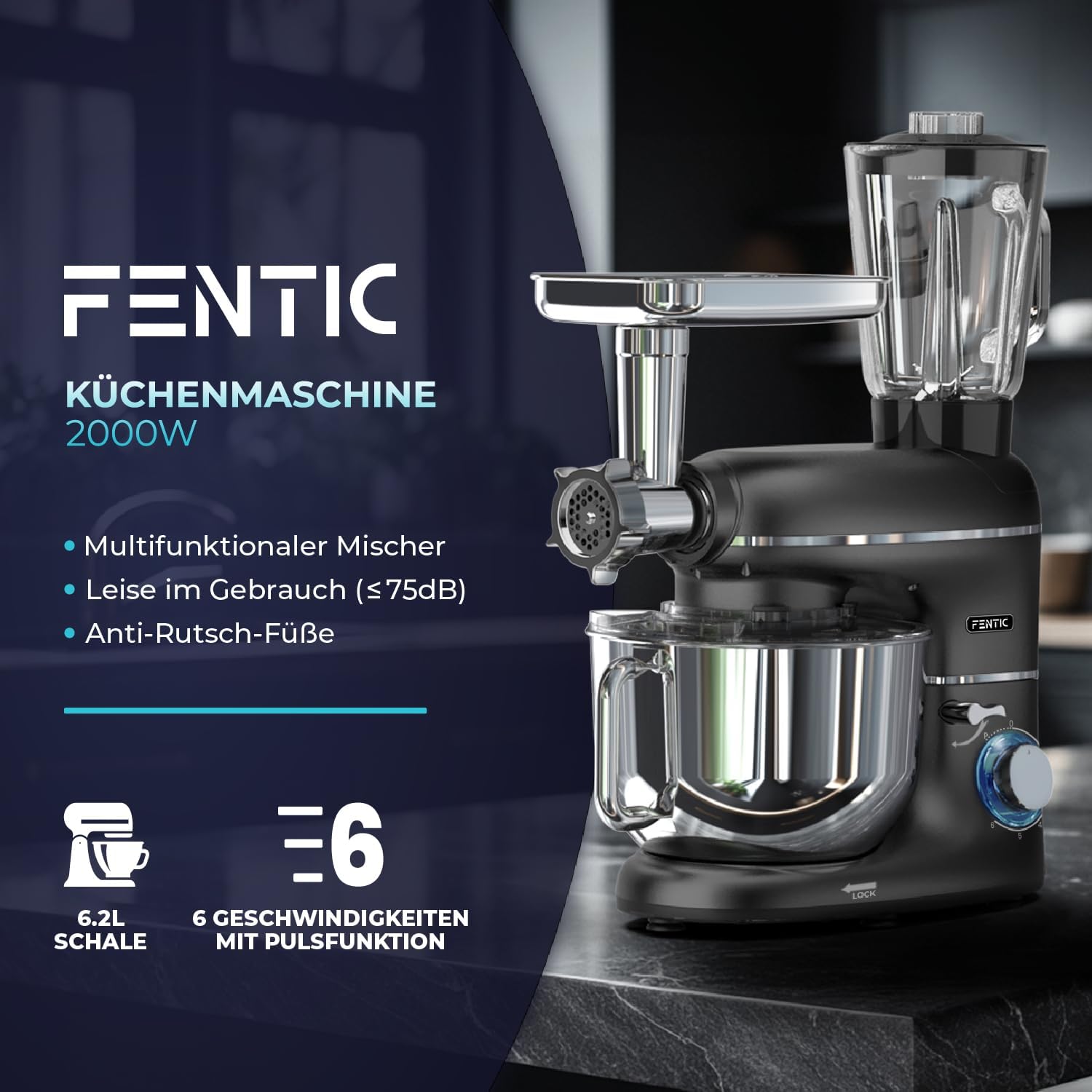 Fentic 6-in-1 Küchenmaschine – 2000W – Mit Fleischwolf, 1,5L Entsafter, Gemüseschneider und Mehr – Knetmaschine mit 6,2L Rührschüssel, Rührhaken, Knethaken, Schlagbesen und Spritzschutz (Schwarz)