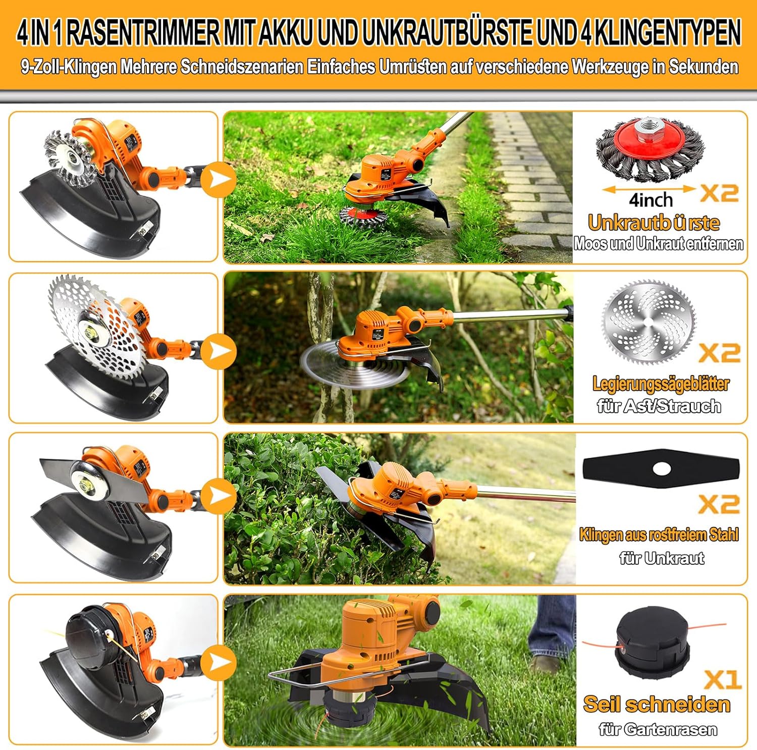 Akku Rasentrimmer mit Akku und Unkrautbürste 4 in 1 Freischneider mit Unkrautbürste 21V Bürstenloser Freischneider, Elektro Motorsense mit 2 Akku 4.0Ah und Ladegerät Teleskop, Verstellbarer, Orange