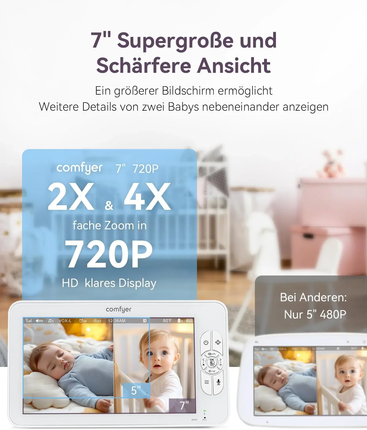 Comfyer Split-Screen Babyphone mit 2 Kameras, 7 HD 720P Video Babyphone ohne WLAN mit Halterung, IR-Nachtsicht Weitwinkelobjektiv Vox-Modus 2-Wege-Audio 960 Fu? Reichweite Video��berwachungsger?te