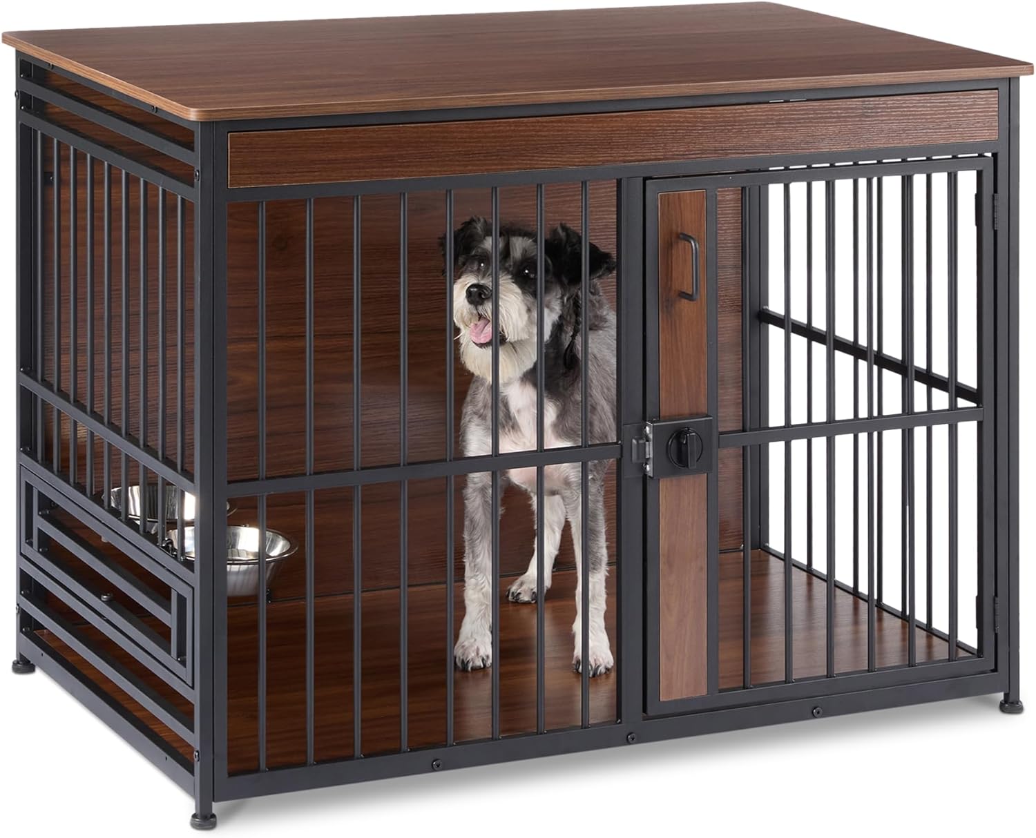 Amazon Basics Furniture Style Dog Crate, Two Bowls Included, 41" x 23.6" x 29.5", Walnut