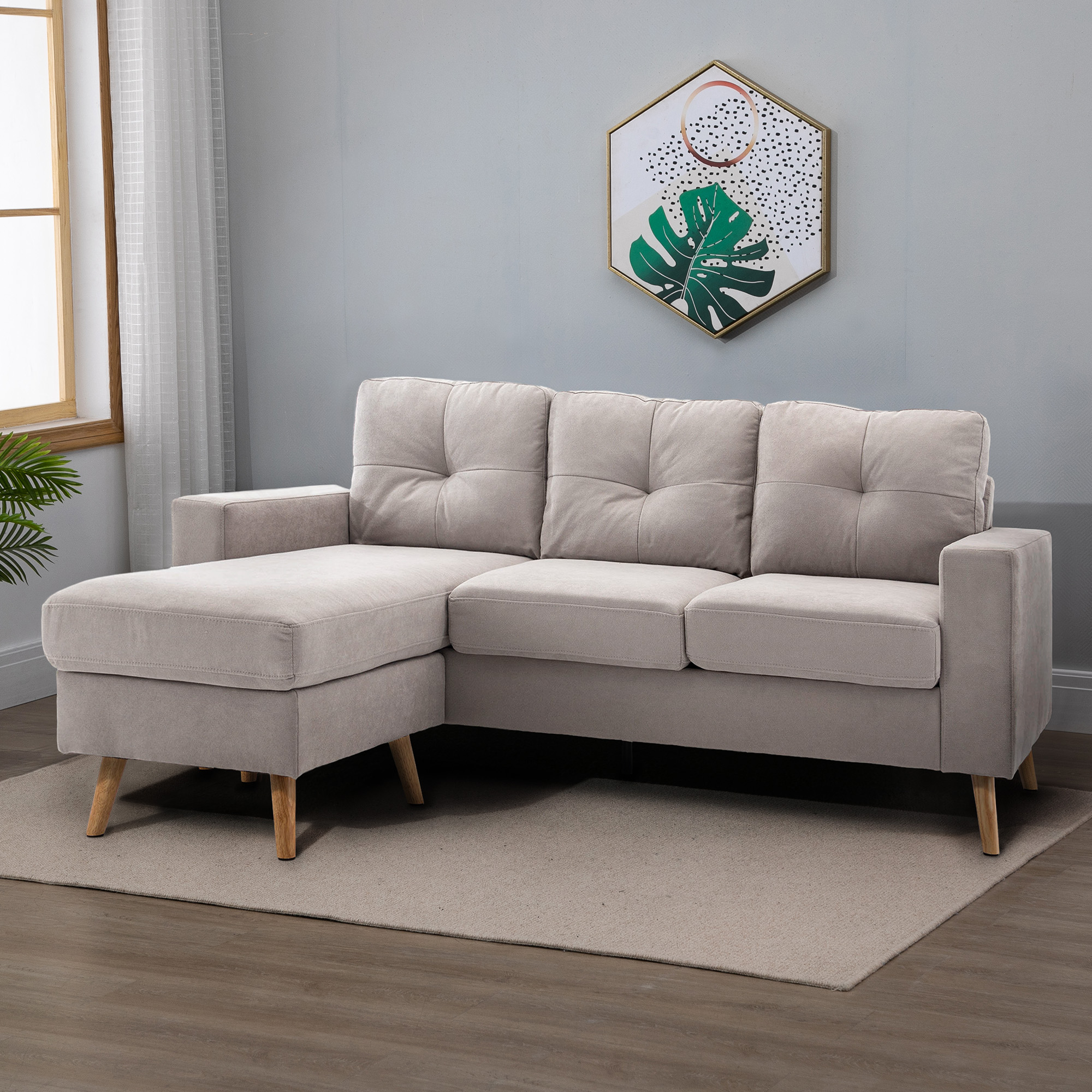 3-zits hoekbank, linnenlook, omkeerbare chaise longue, 193x136x85 cm, lichtgrijs