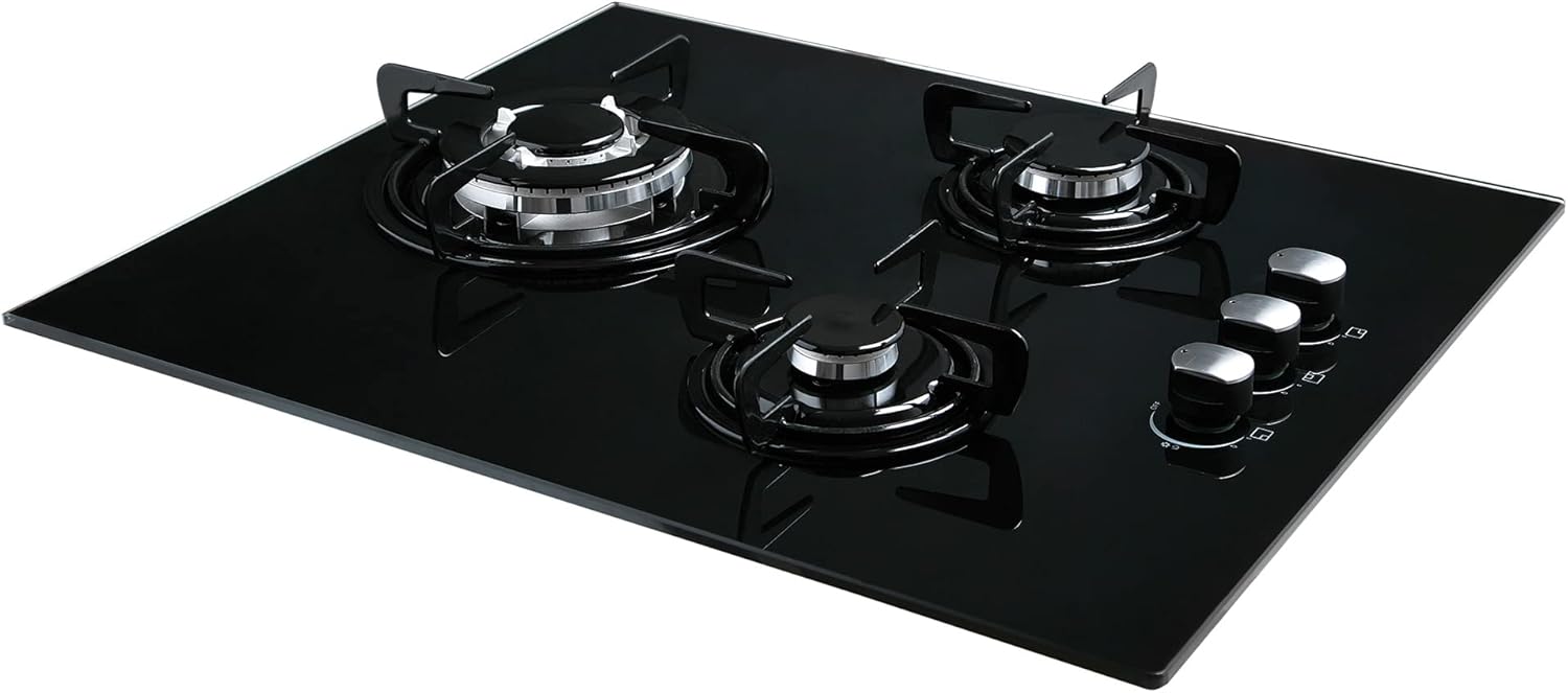 Cata Placa Cristal Gas, Modelo CIB 6021 BK, 3 Fuegos, Ancho 59 cm, Encimera de Gas Butano, Acabado en Cristal Negro