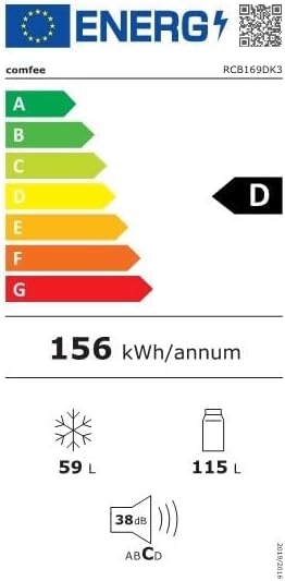 Comfee RCB169DK2(E) Fridge/Freezer Combination, 150 cm Height, Low Frost, Adjustable Fridge Temperature, LED Light, 195 kWh per Year, Fridge Capacity 115 L, 59 L Freezer, Black
