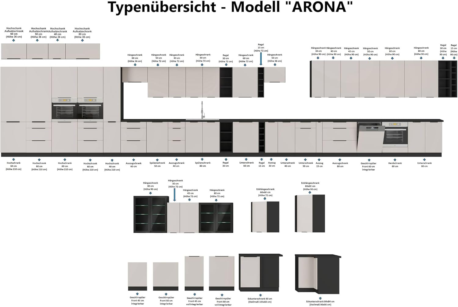 Kuechen-preisbombe Küche Arona + Monza Basic 280 cm Küchenzeile Küchenblock Einbauküche Kaschmir beige matt + Nußbaum + Schwarz matt