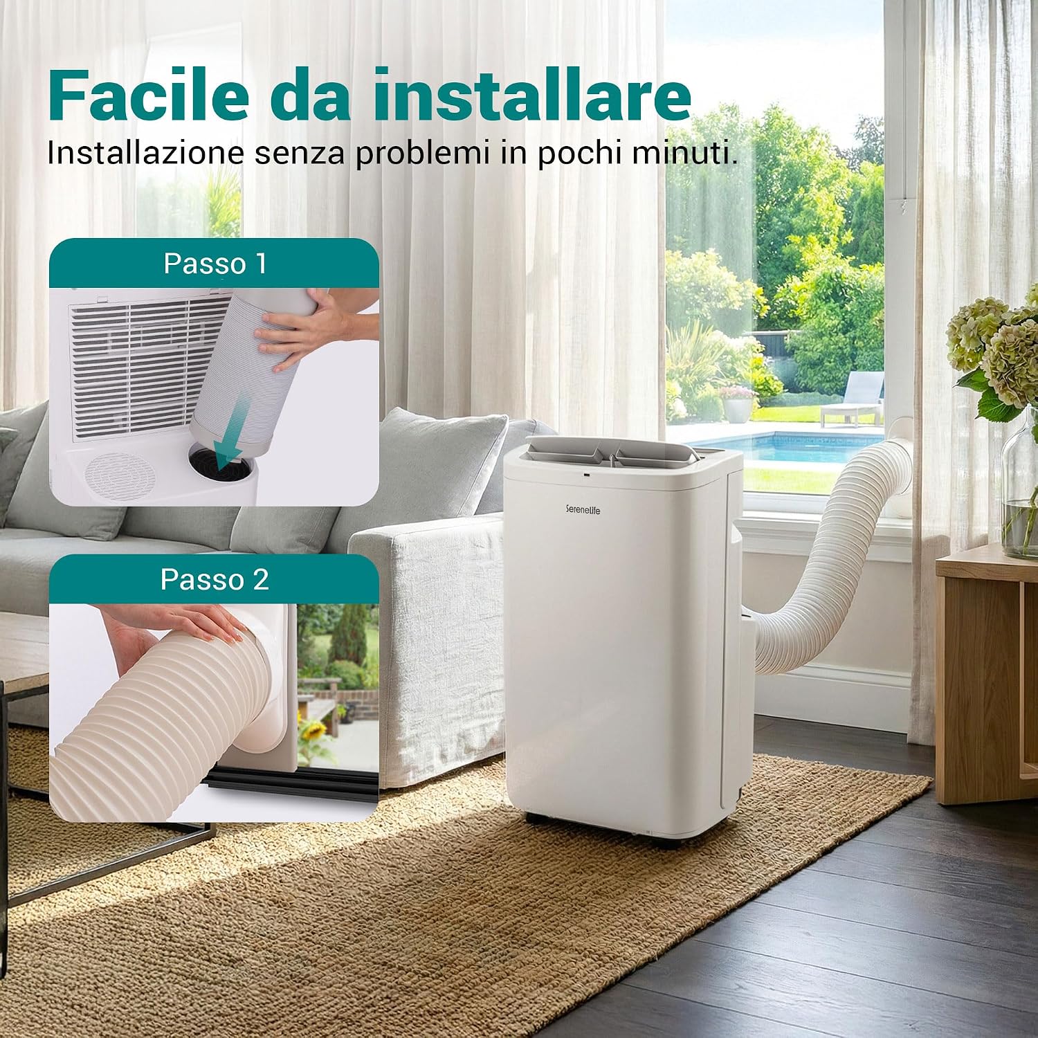 SereneLife Mobile Klimaanlage 4,1 kW 13000 BTU – Kleine Klimaanlage für Zimmer bis 105 m² Leise 52 dB Klimagerät fürs Schlafzimmer mit WLAN Entfeuchter, Lüfter, Fernbedienung