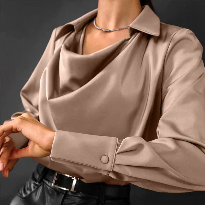Damen Seidenbluse mit Wasserfallausschnitt und klassischem Kragen | Elegante Langarmbluse f��r Business und Freizeit