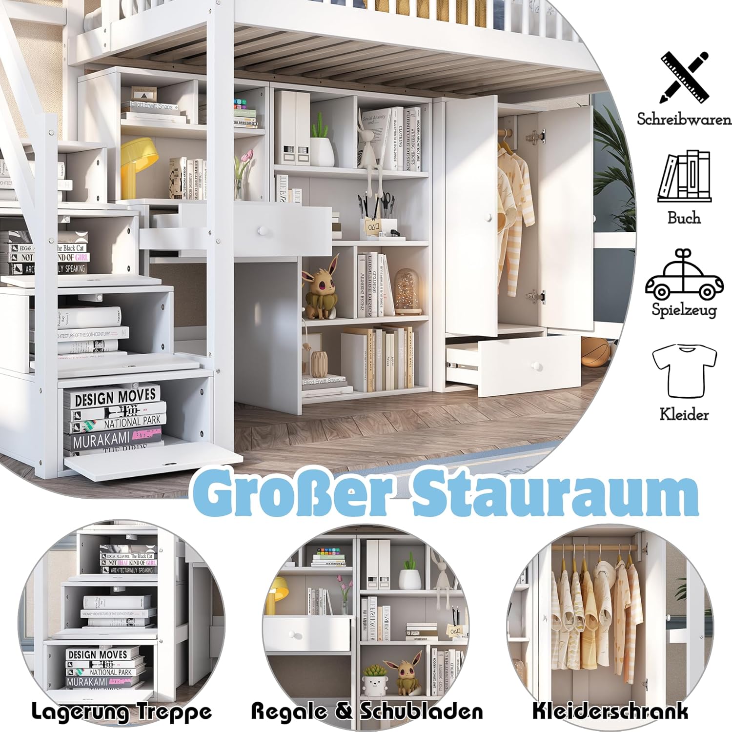 Kinderbett 90x200 cm, Hochbett mit Kleiderschrank Schreibtisch und Treppe, Einzelbett mit Schubladen und Schließfach, Funktionsbett Kinderhochbett Jugendhochbett mit Rausfallschutz & Lattenrost, Weiß