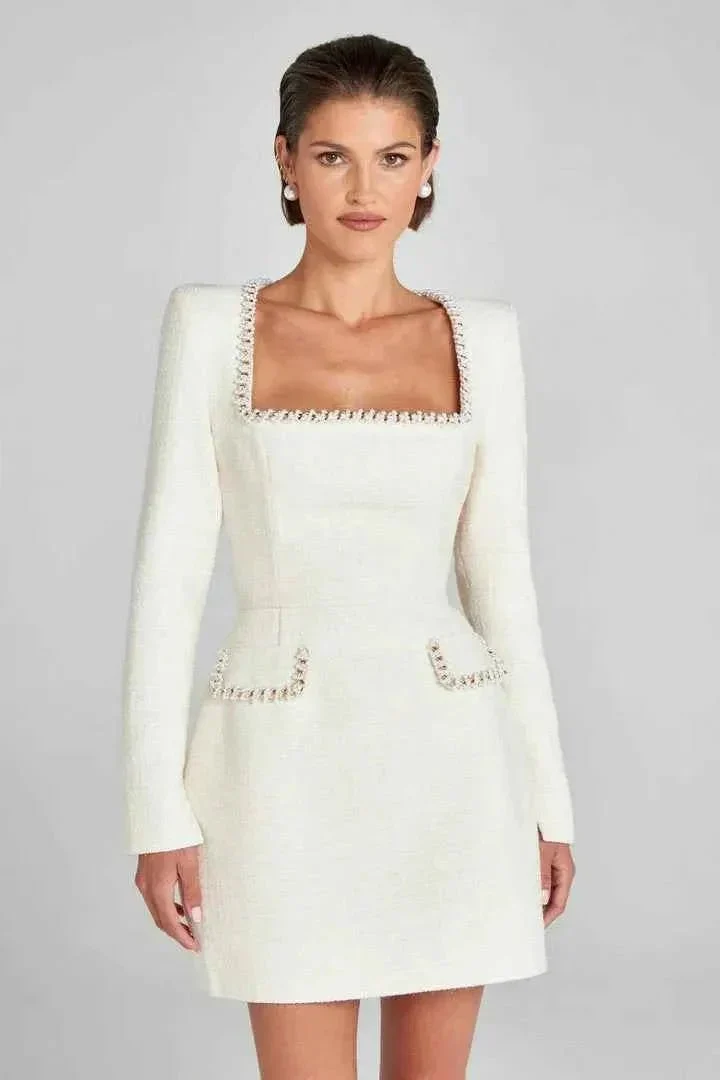 Langarm Tweed Minikleid f��r Damen mit Perlendetails und elegantem Schnitt