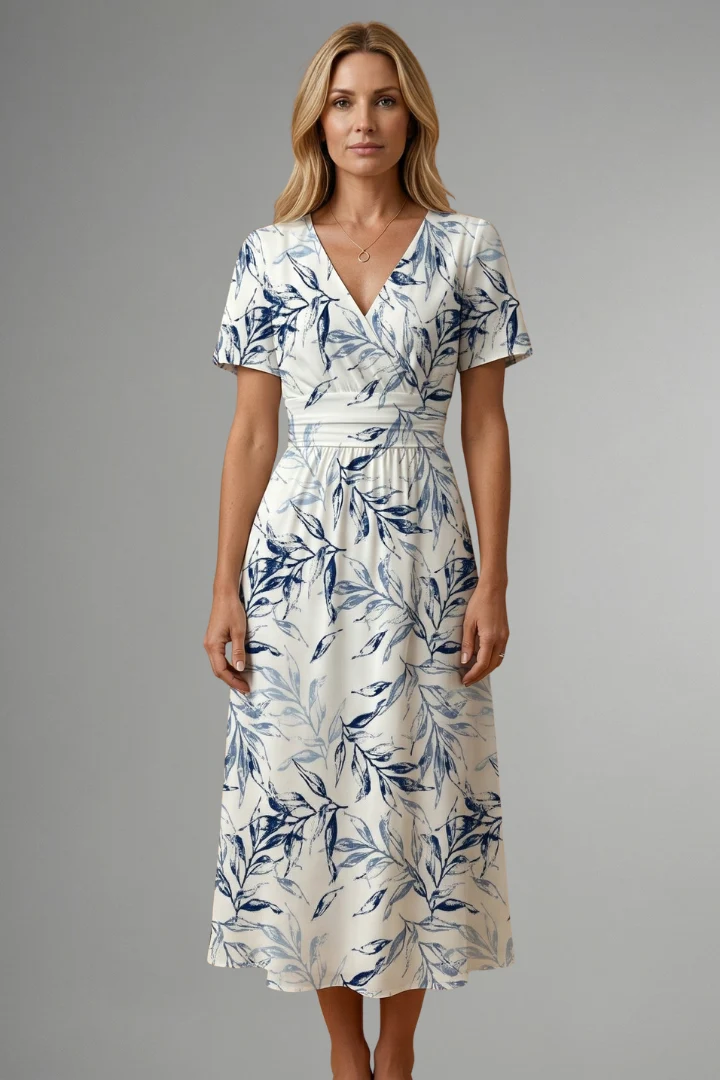 Damen Midikleid mit Blumenmuster und V-Ausschnitt | Tailliertes A-Linien Kleid mit kurzen ?rmeln in moderner Midi-L?nge