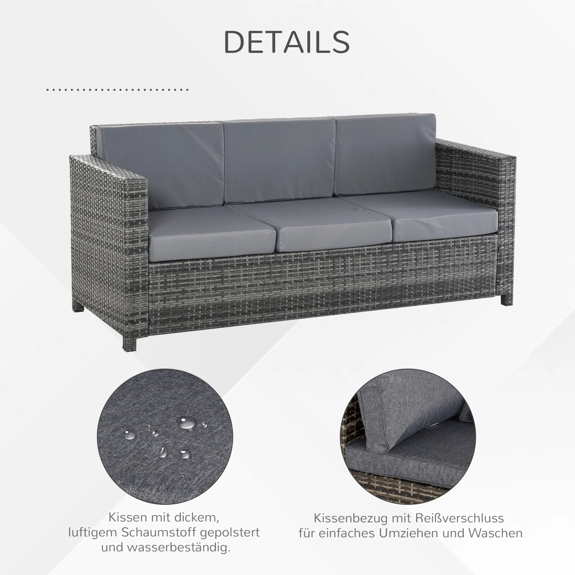 Outsunny Poly-rotan bank met kussens 3-zits loungebank tuin metaal polyester grijs