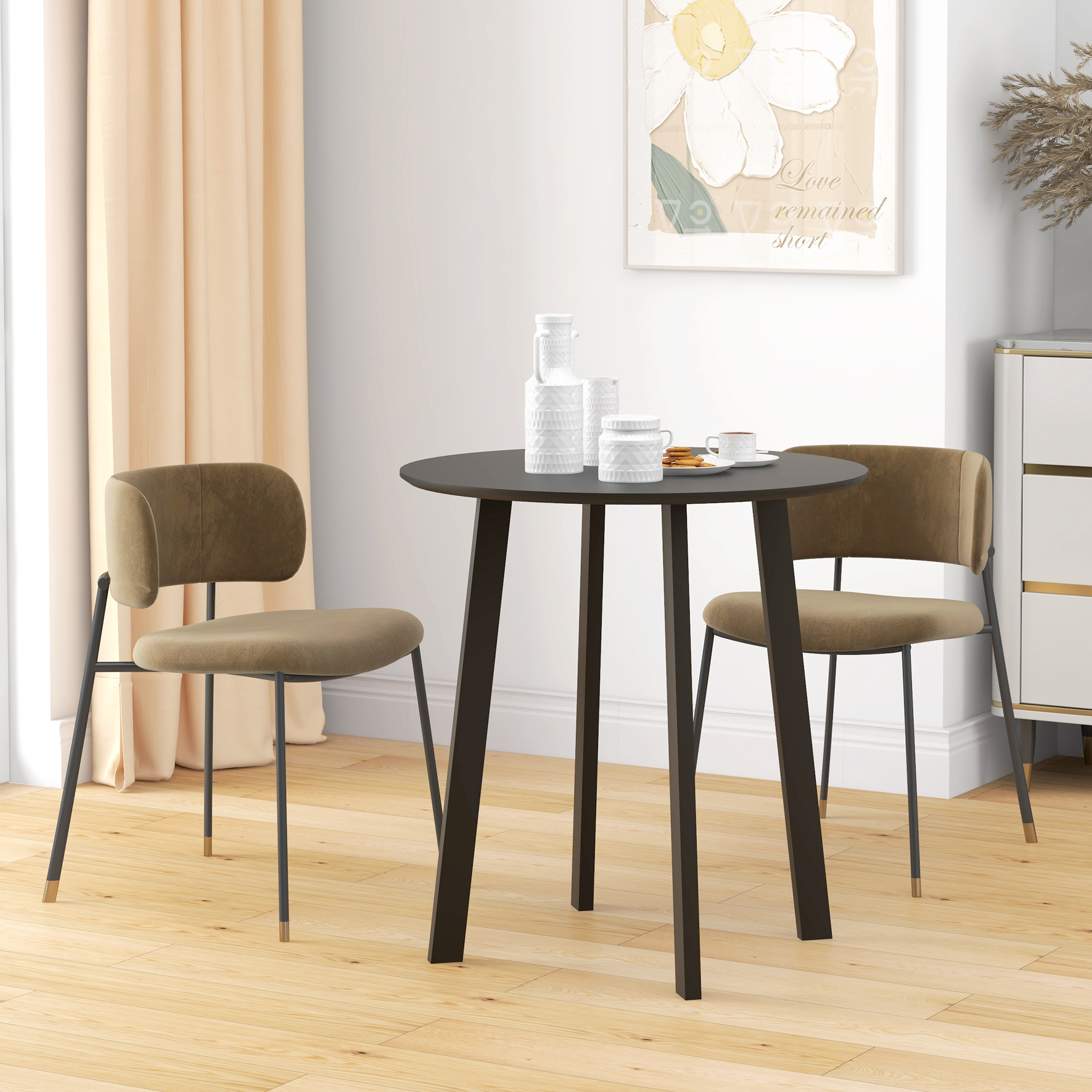 Eettafel voor 2 Personen, Zwarte Tafelblad, Metalen Poten met Voetkappen, ?72 x 75H cm, Zwart