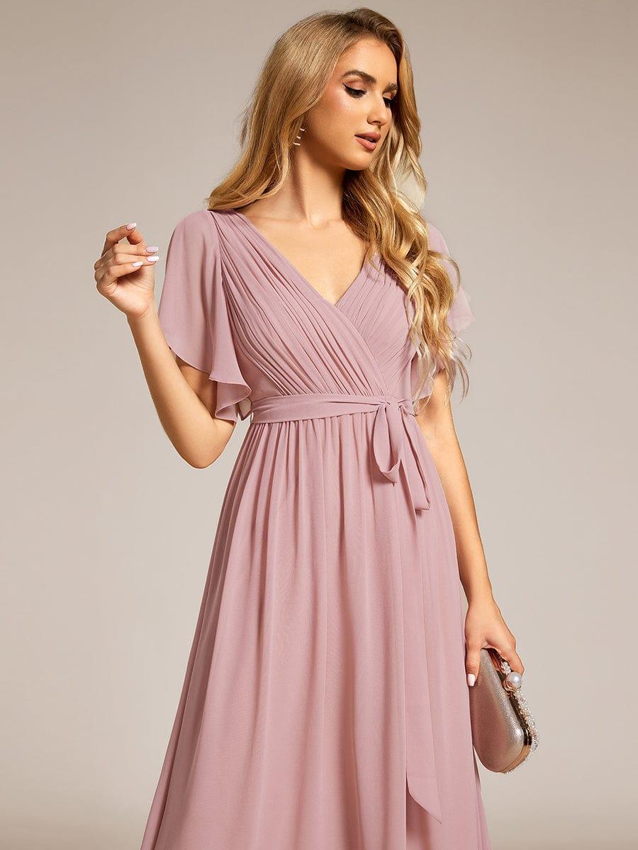 Abendkleid Damen Maxi A-Linie aus Chiffon | Festliches Kleid f��r Hochzeitsg?ste mit V-Ausschnitt und Fl��gel?rmeln