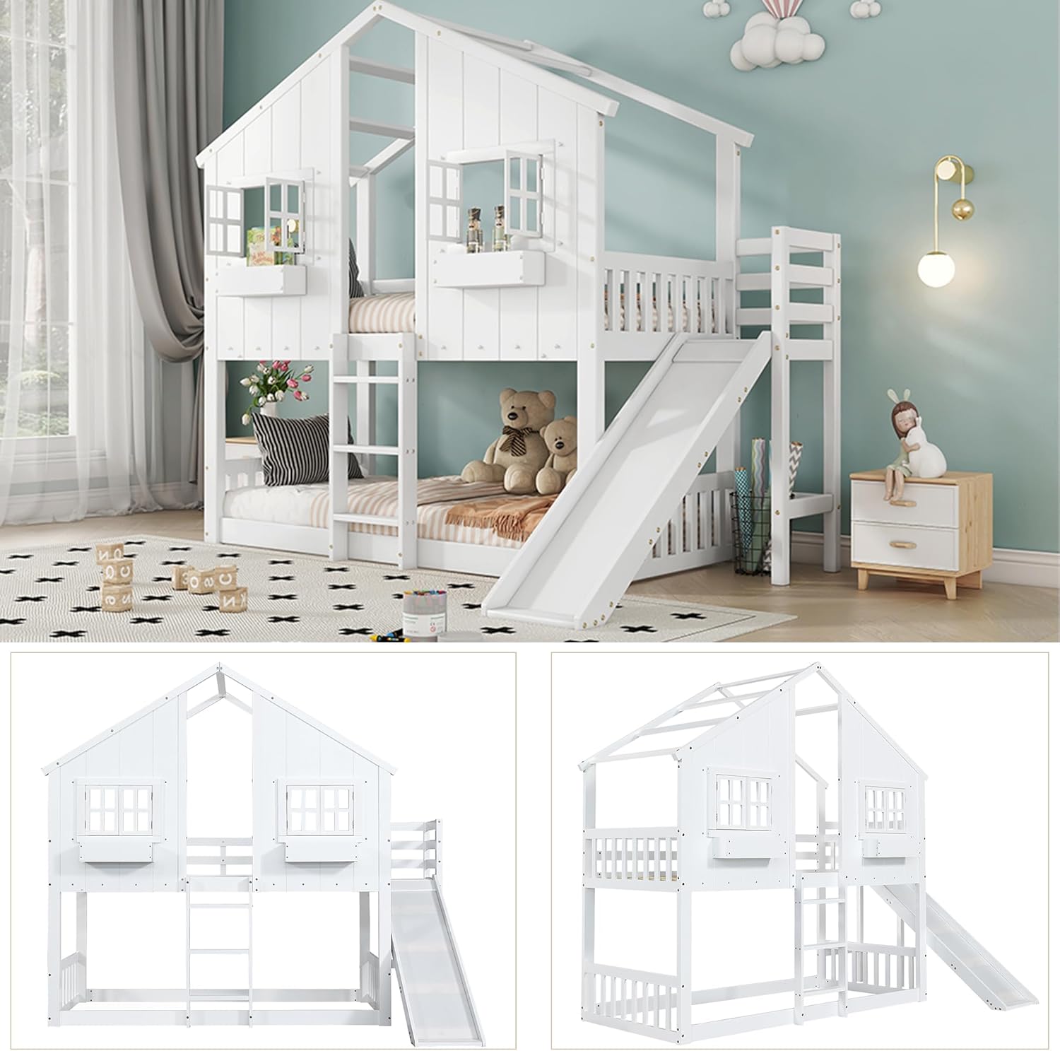 Kinderbett Etagenbett 90x200, Hochbett Hausbett für 2 Kinder, Stockbett mit Rutsche&Leiter&Fenstern&Dach&Aufbewahrungsbox, Doppelbett Holzbett mit Lattenrost&Rausfallschutz, Kiefer, Ohne Matratze,Weiß