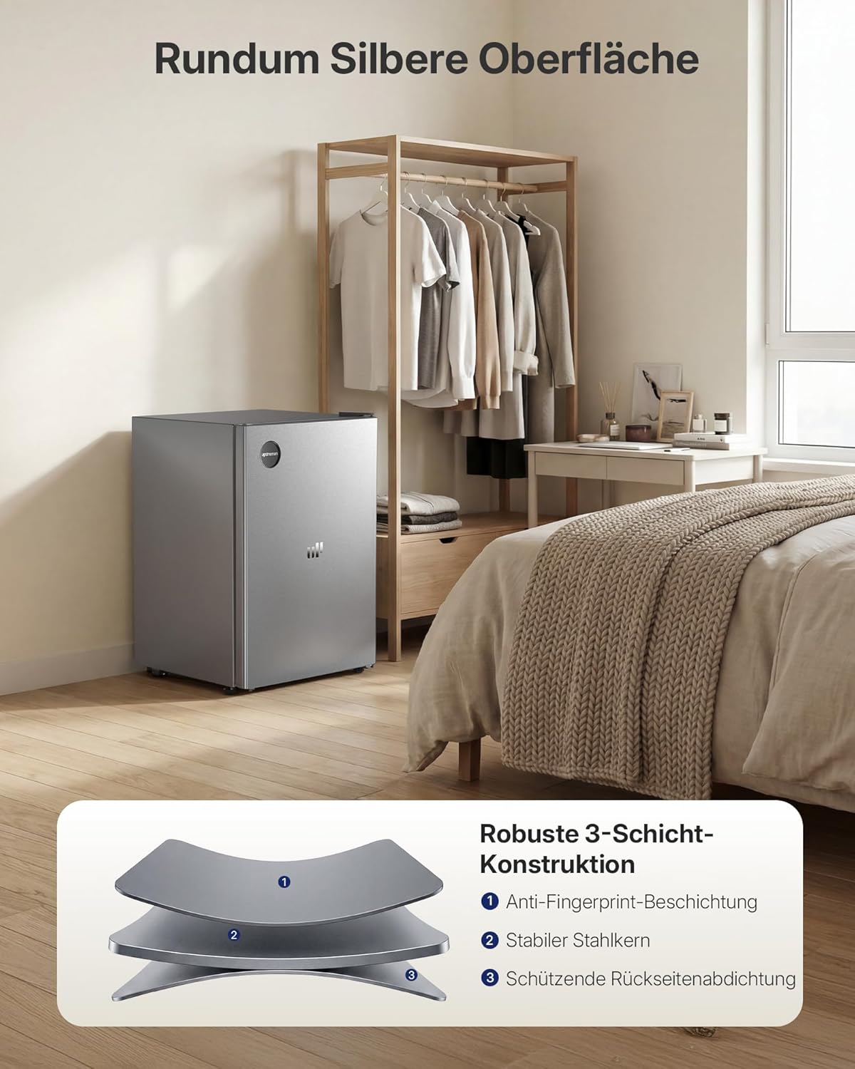 Upstreman 71L Kühlschrank Ohne Gefrierfach, 1-10°C 7-stufige Temperaturregelung, LED-Beleuchtung,40 dB Leise, Energiesparender Vollraumkühlschrank für Schlafzimmer Büro Küche, CR71-Silber