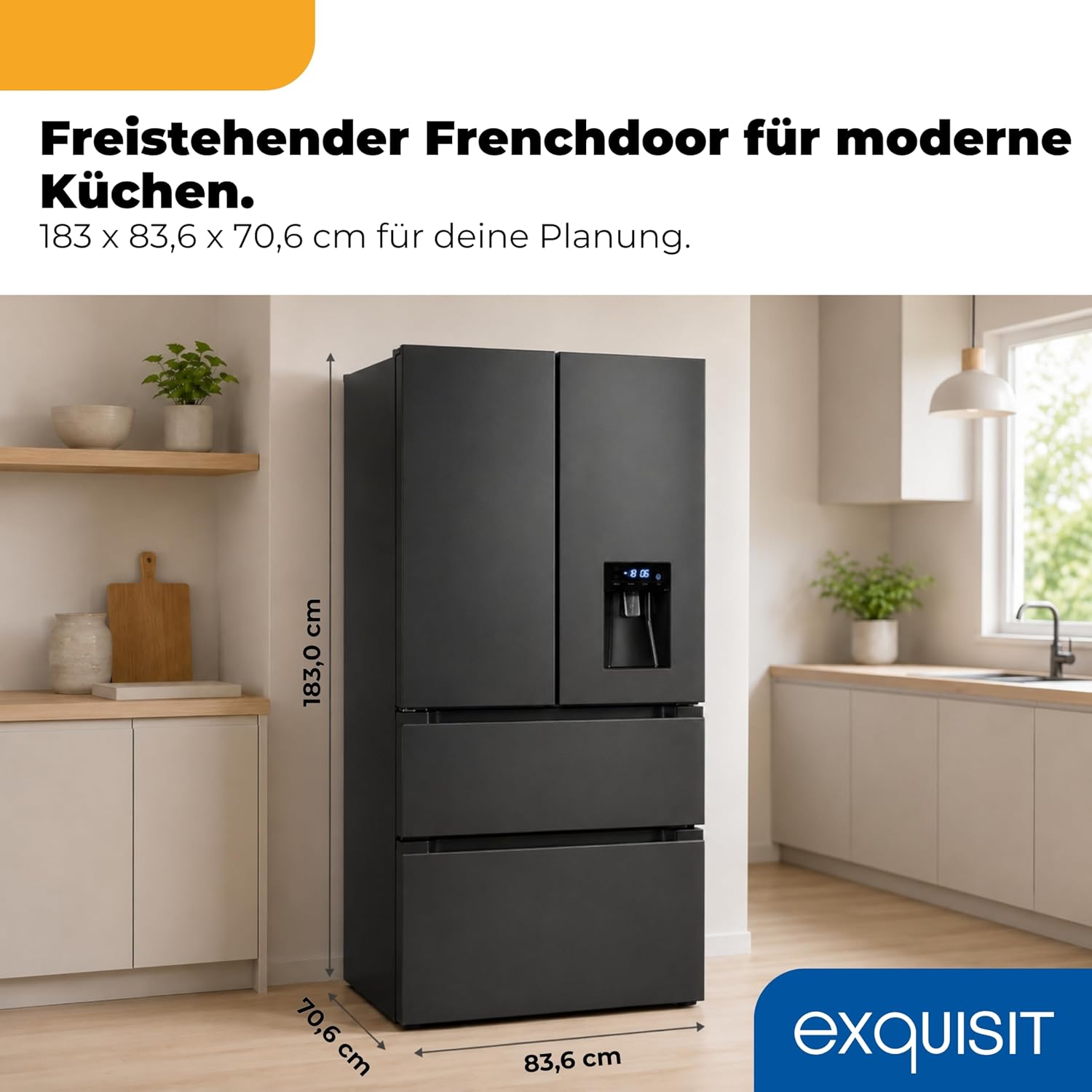 Exquisit Frenchdoor Kühl-Gefrierkombination | 506 l Nutzinhalt, Energieklasse E, 41 dB, No Frost Kühlen & Gefrieren, Schnellgefrieren, Wasserspender, LED, Elektronik | FD5490-160-WS-200E inoxlook-az