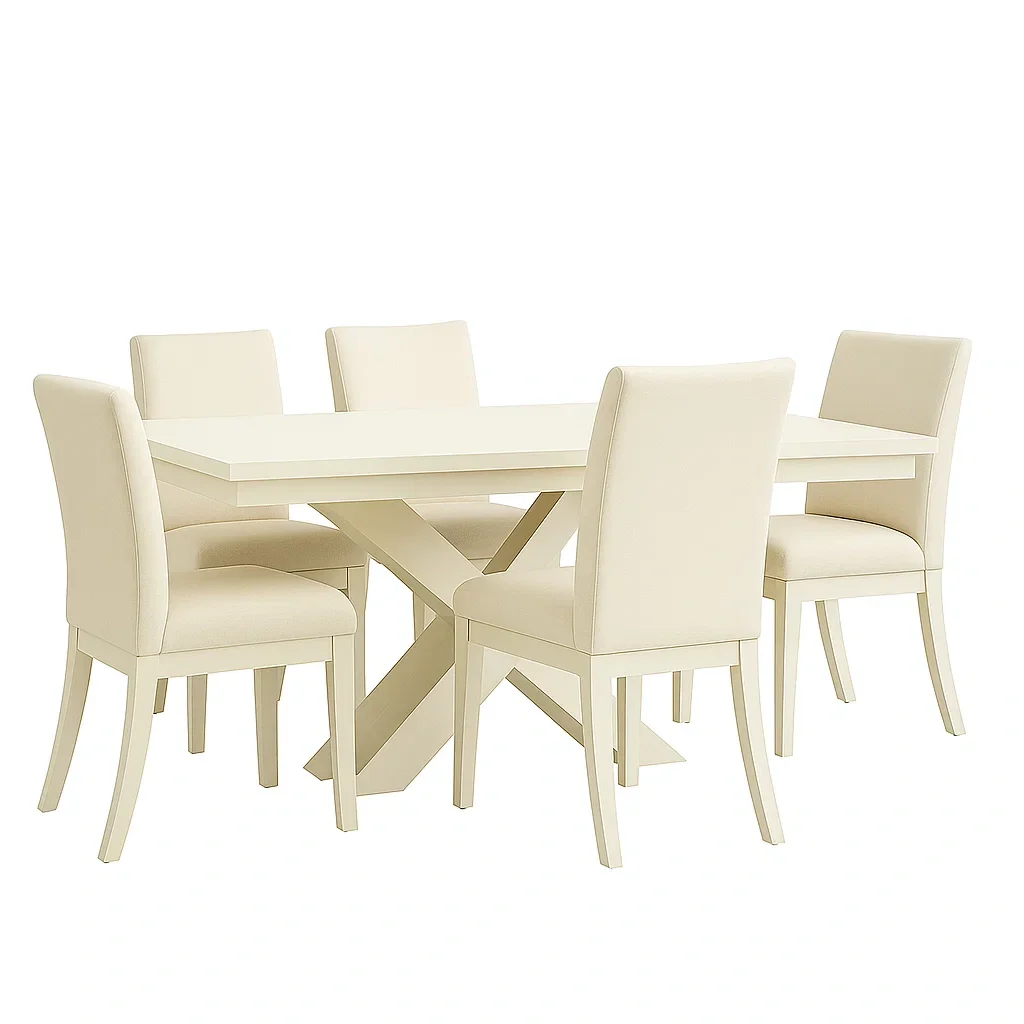6-personers spisebordsst, tr og stof, cremefarvet, rektangulrt bord med X-formet base, fast struktur, bord 160x90x75 cm og stol 48x52x93 cm, til indendrs spisning - YfO0NCg172mP