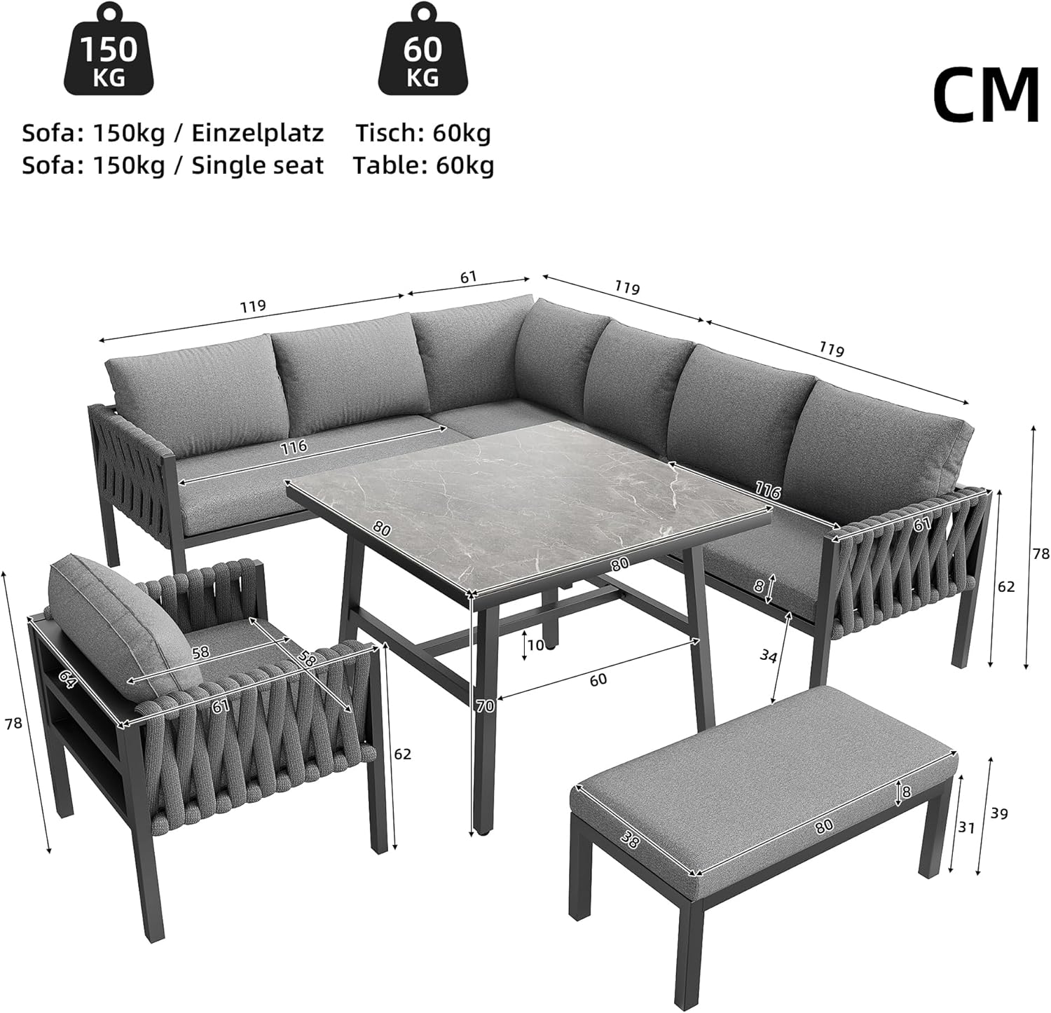 Merax Gartenmöbel Set 8-9 Personen, Sitzgruppe Gartenlounge Set mit Kissen & Tisch, Outdoor Ecksofa-Set aus verzinktem Eisen, handgeflochten dickem Seil, Essgruppe für Garten Balkon Terrasse, Grau