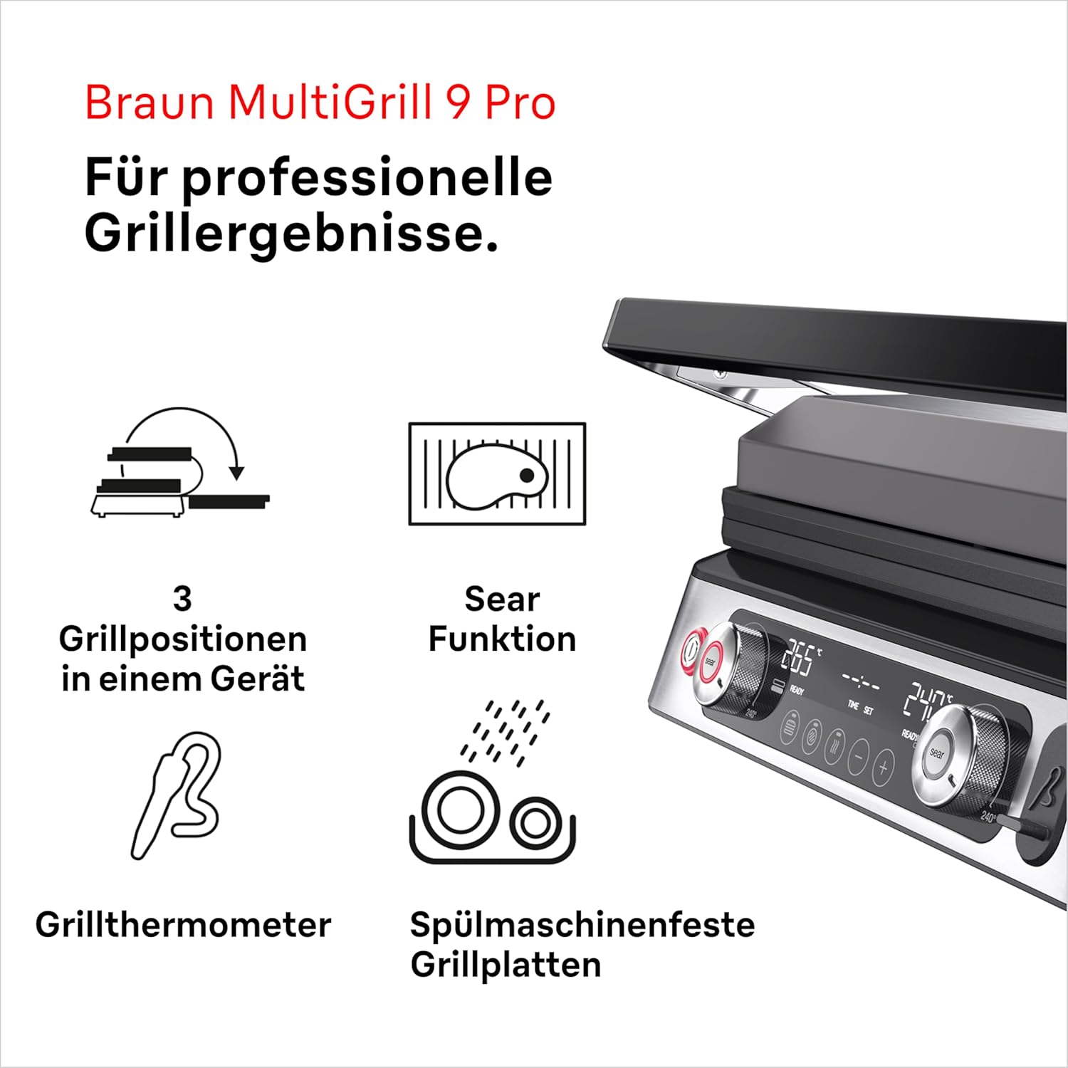 Braun MultiGrill 9 Pro CG 9160, Elektrogrill mit 2 unabhängigen Thermostaten, 3 Kochpositionen, spülmaschinenfeste Platten, integrierte Thermosonde, 2200 W, Schwarz/Edelstahl