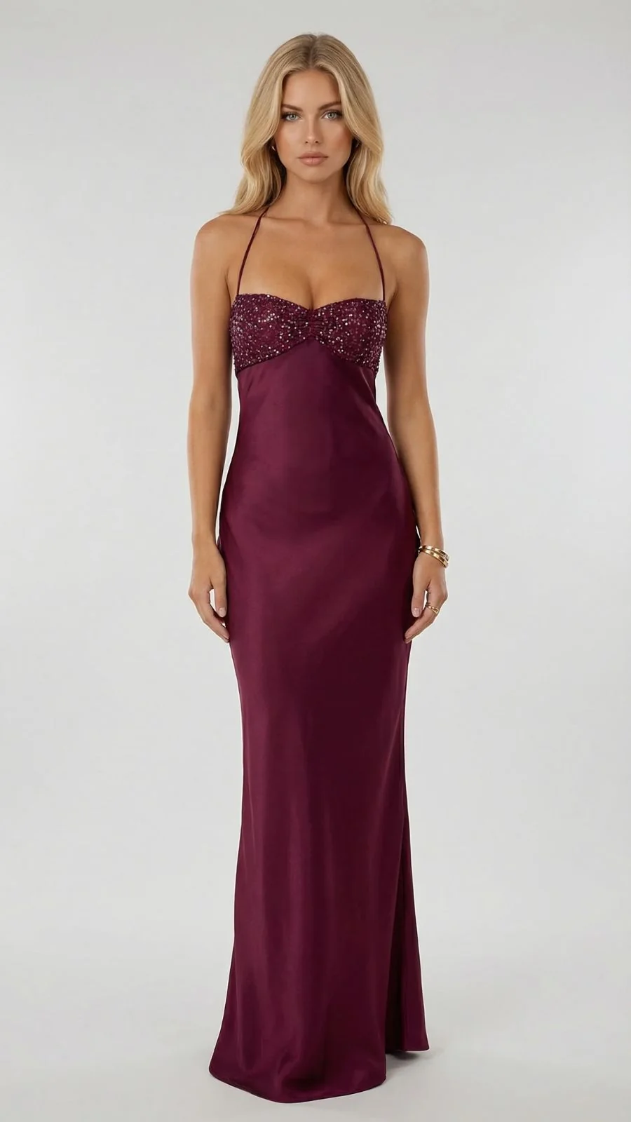 Maxikleid f��r Damen mit Pailletten-Herz-Ausschnitt | Satin Abendkleid r��ckenfrei mit Schn��rung und Spaghettitr?gern