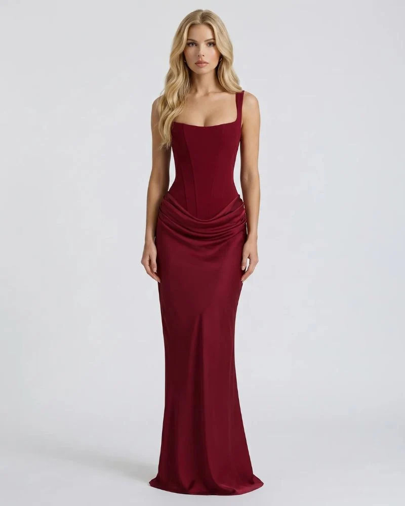 Damen Korsett Maxi Kleid mit eckigem Ausschnitt und Schn��rung am R��cken - Bodenlanges Abendkleid mit Raffung an der H��fte