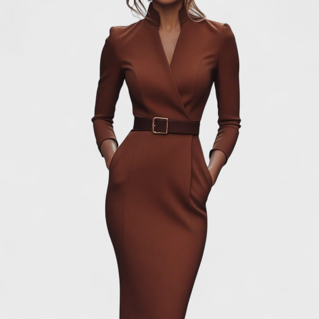 Elegantes Damenkleid mit G��rtel und Stehkragen