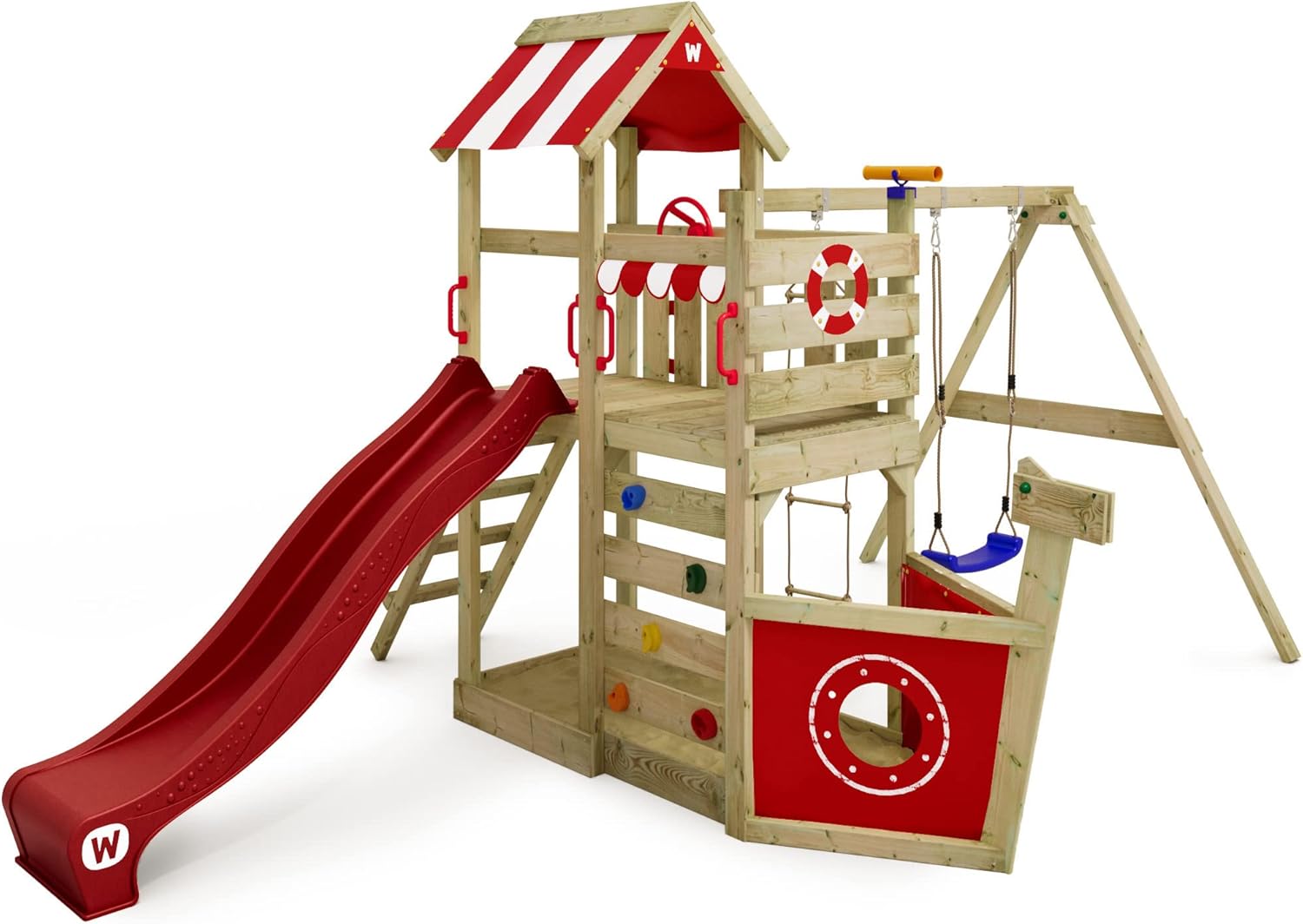 WICKEY Spielturm Klettergerüst SeaFlyer mit Schaukel & roter Rutsche, Outdoor Kinder Kletterturm mit Sandkasten, Leiter & Spiel-Zubehör für den Garten