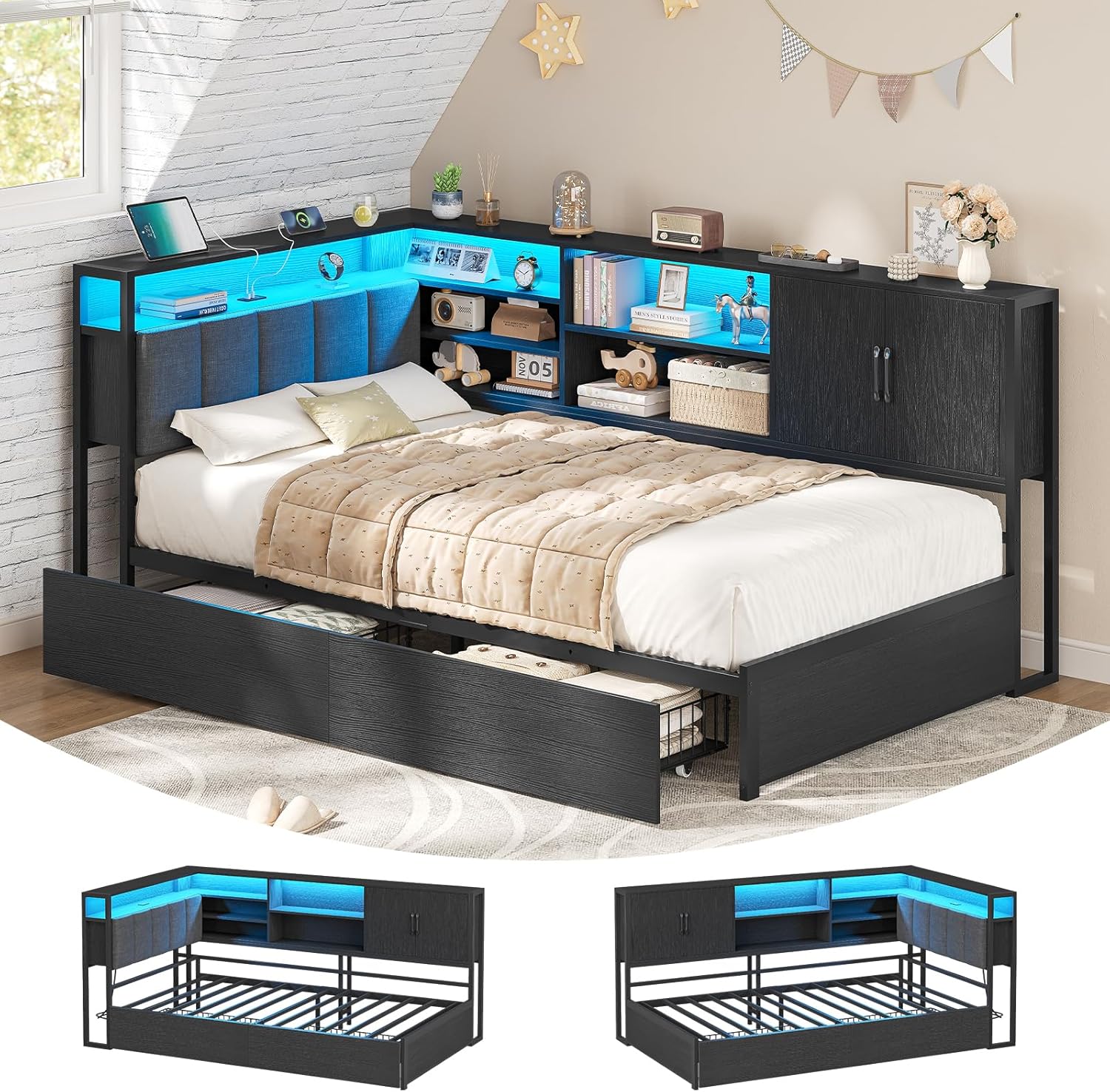 Polsterbett Schlafsofa 90x190 mit LED-Beleuchtung, Ladestation, Tagesbett, Jugendbett mit 2 Schubladen und Lattenrost aus Metall, Kopfteil mit Stauraum, Offene Regale, Schrank, Schwarz