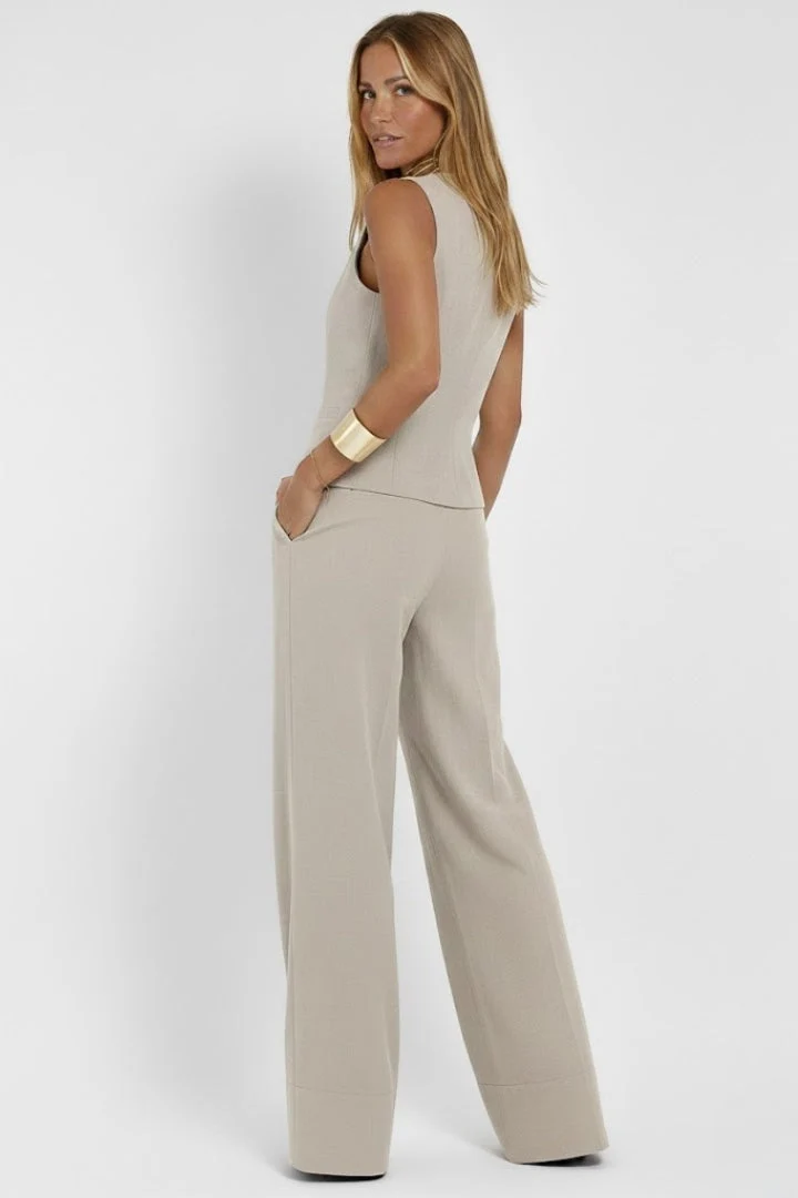 Damen Zweiteiler Set mit Weste und weiter Hose | Klassischer Hosenanzug mit V-Ausschnitt und High-Waist Stoffhose