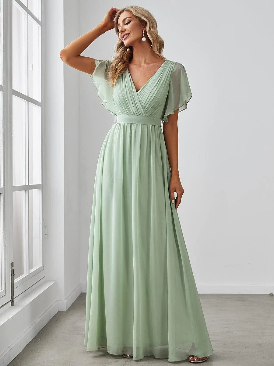 Abendkleid Damen Maxi A-Linie aus Chiffon | Festliches Kleid f��r Hochzeitsg?ste mit V-Ausschnitt und Fl��gel?rmeln